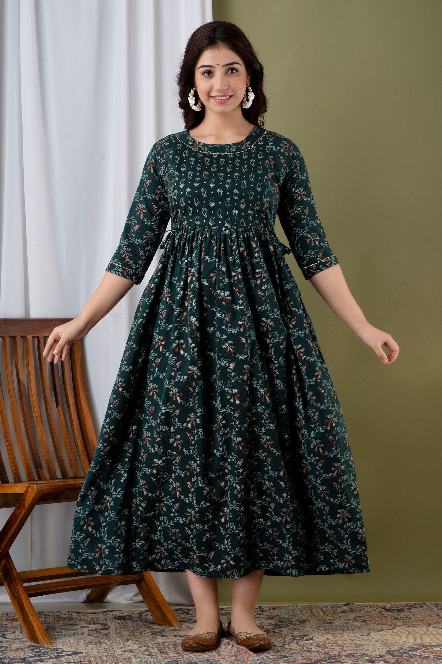 Hima Premium Cotton Anarkali Feeding & Maternity Kurti – 48 Inch Length, 2 Side Zips All-Day Comfort for Moms Green