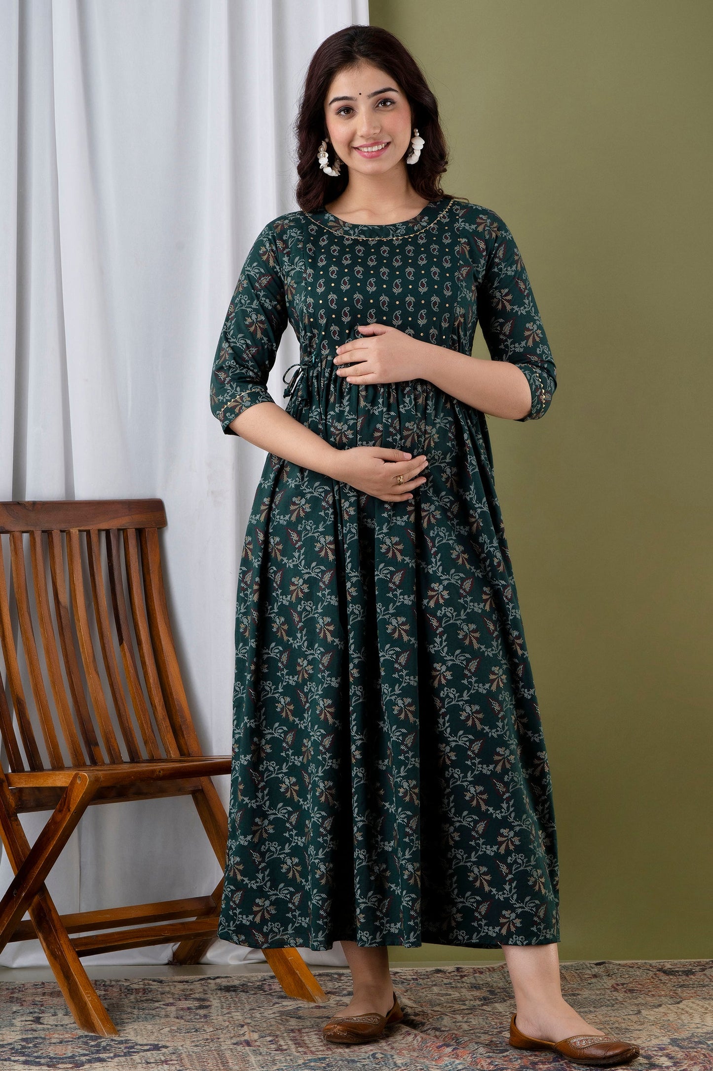 Hima Premium Cotton Anarkali Feeding & Maternity Kurti – 48 Inch Length, 2 Side Zips All-Day Comfort for Moms Green