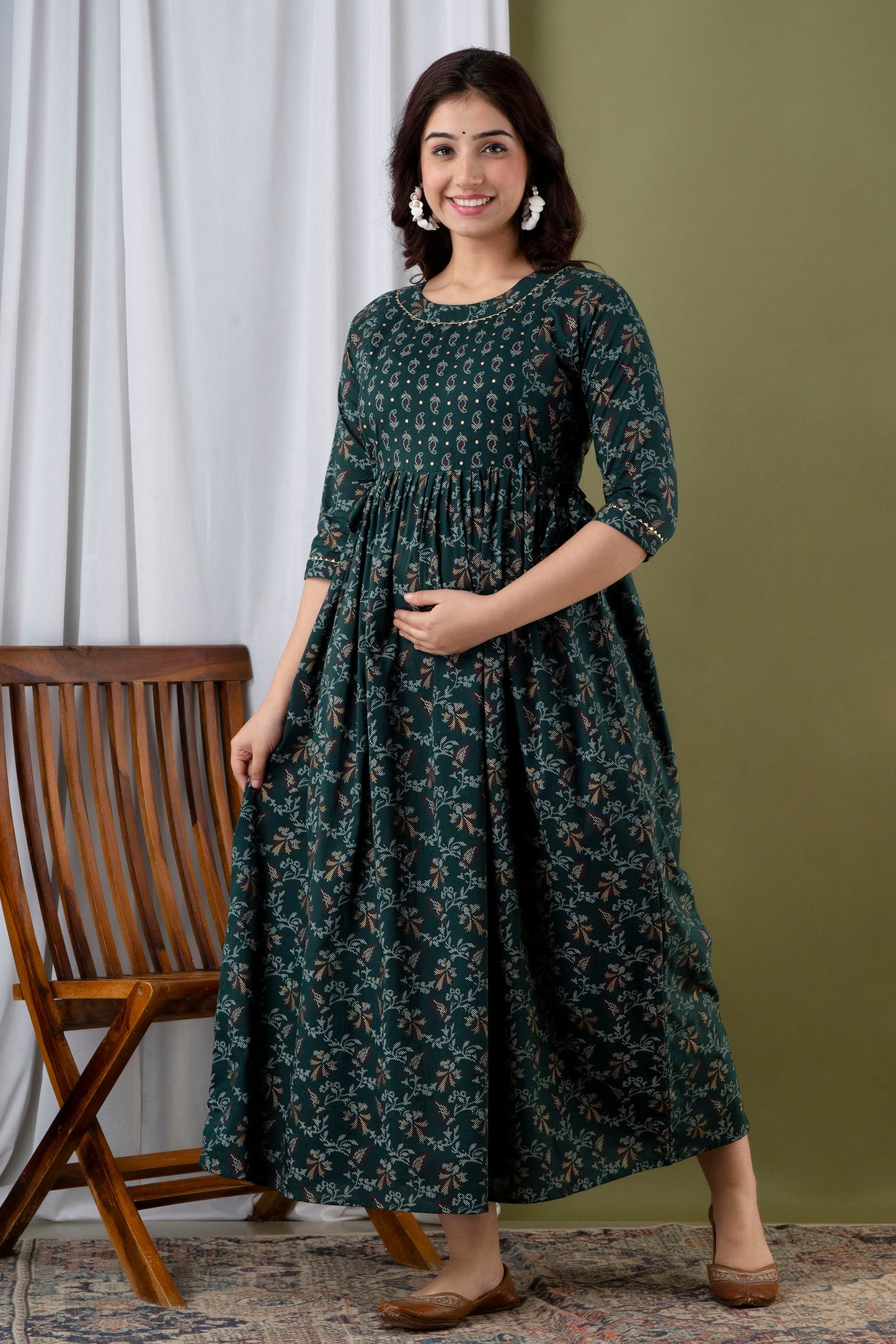 Hima Premium Cotton Anarkali Feeding & Maternity Kurti – 48 Inch Length, 2 Side Zips All-Day Comfort for Moms Green
