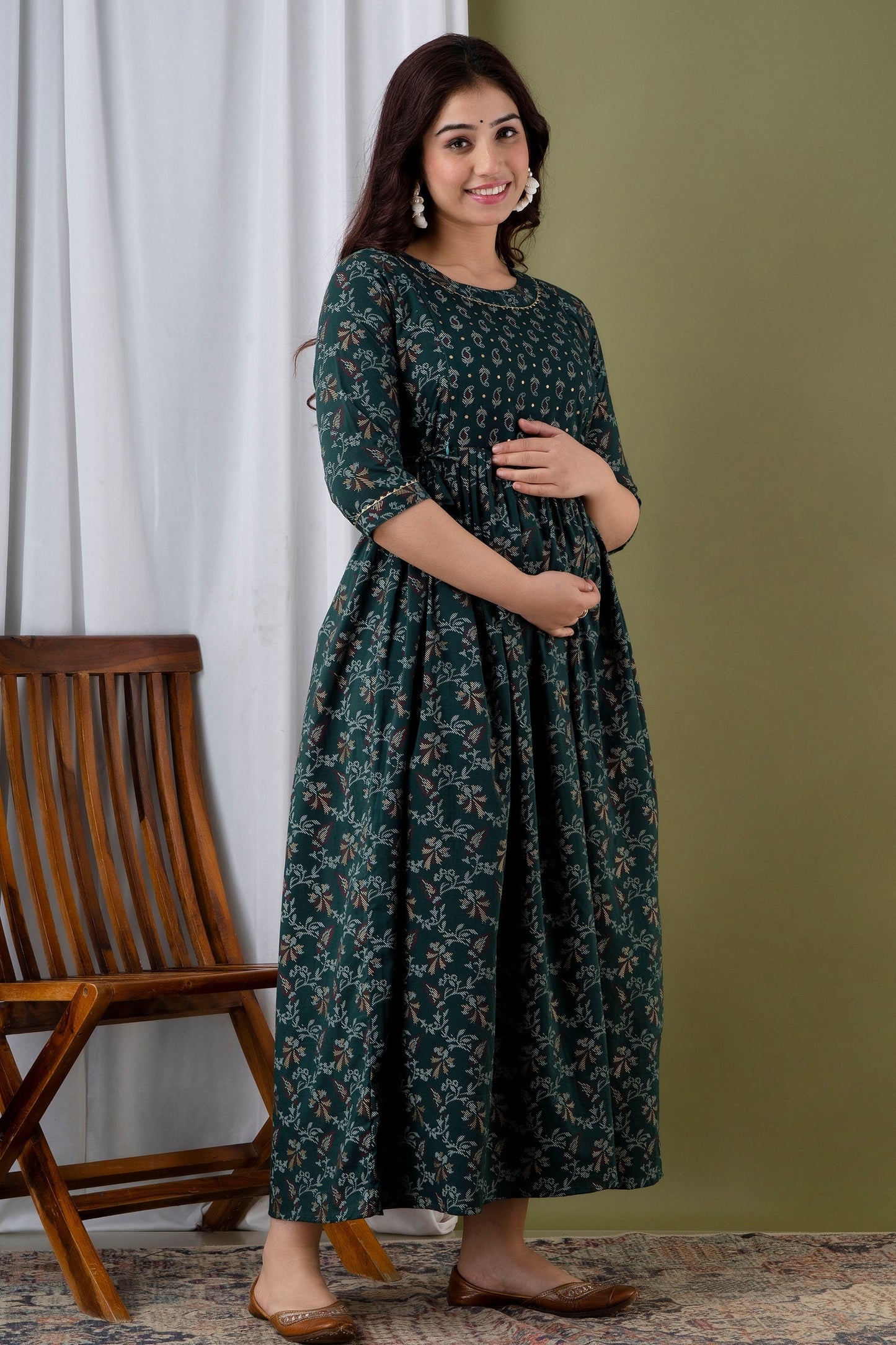 Hima Premium Cotton Anarkali Feeding & Maternity Kurti – 48 Inch Length, 2 Side Zips All-Day Comfort for Moms Green