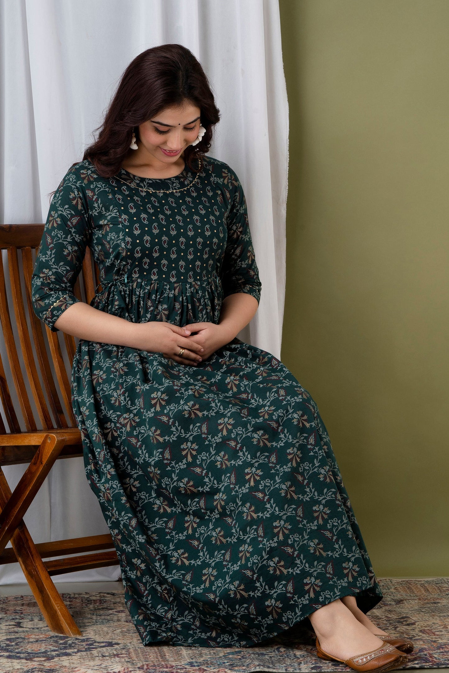 Hima Premium Cotton Anarkali Feeding & Maternity Kurti – 48 Inch Length, 2 Side Zips All-Day Comfort for Moms Green