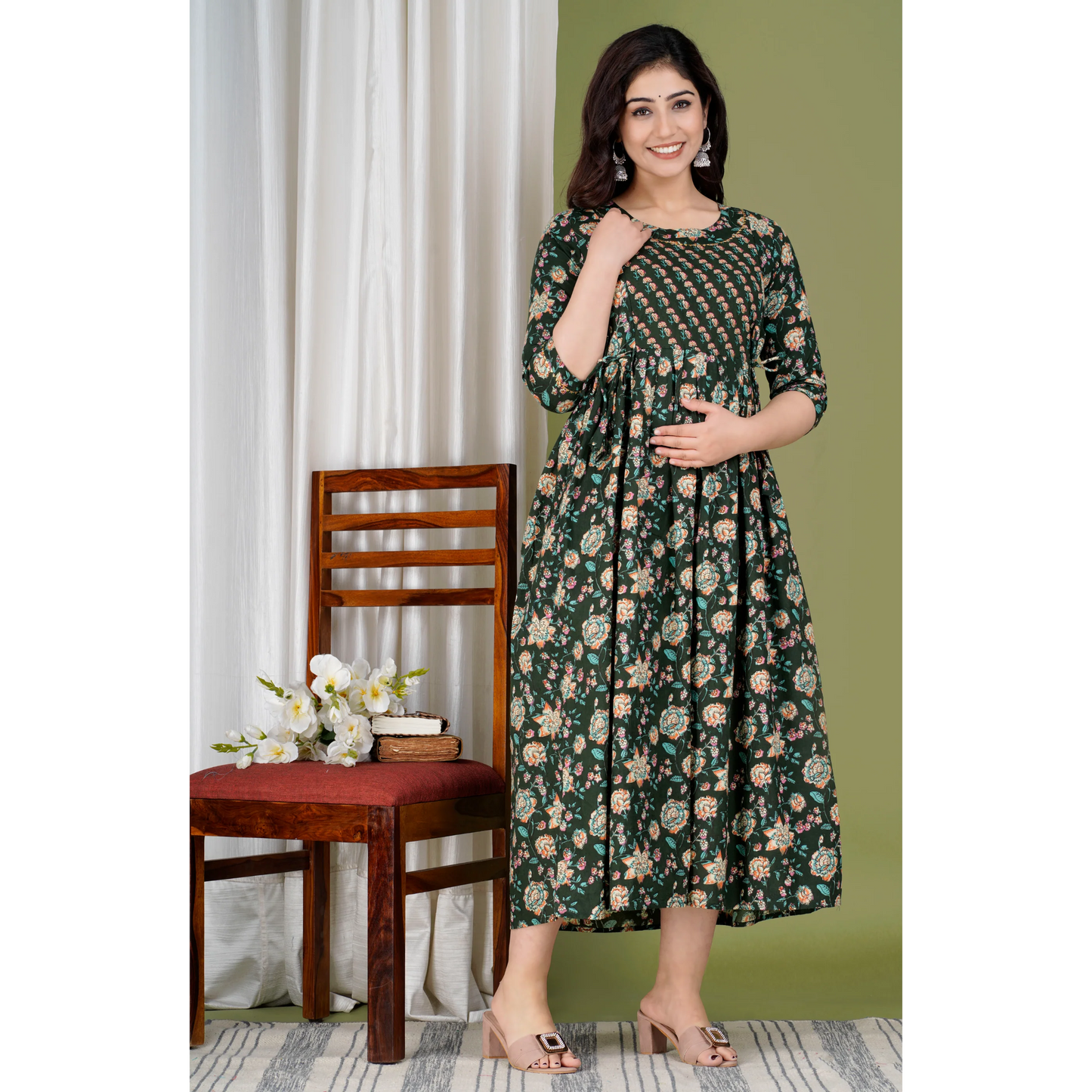 Hima Premium Cotton Anarkali Feeding & Maternity Kurti β 48 Inch Length, 2 Side Zips All-Day Comfort for Moms (green Black)
