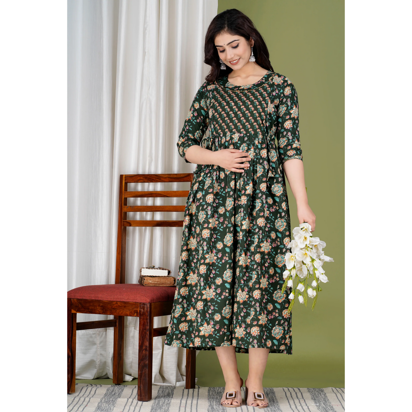 Hima Premium Cotton Anarkali Feeding & Maternity Kurti β 48 Inch Length, 2 Side Zips All-Day Comfort for Moms (green Black)