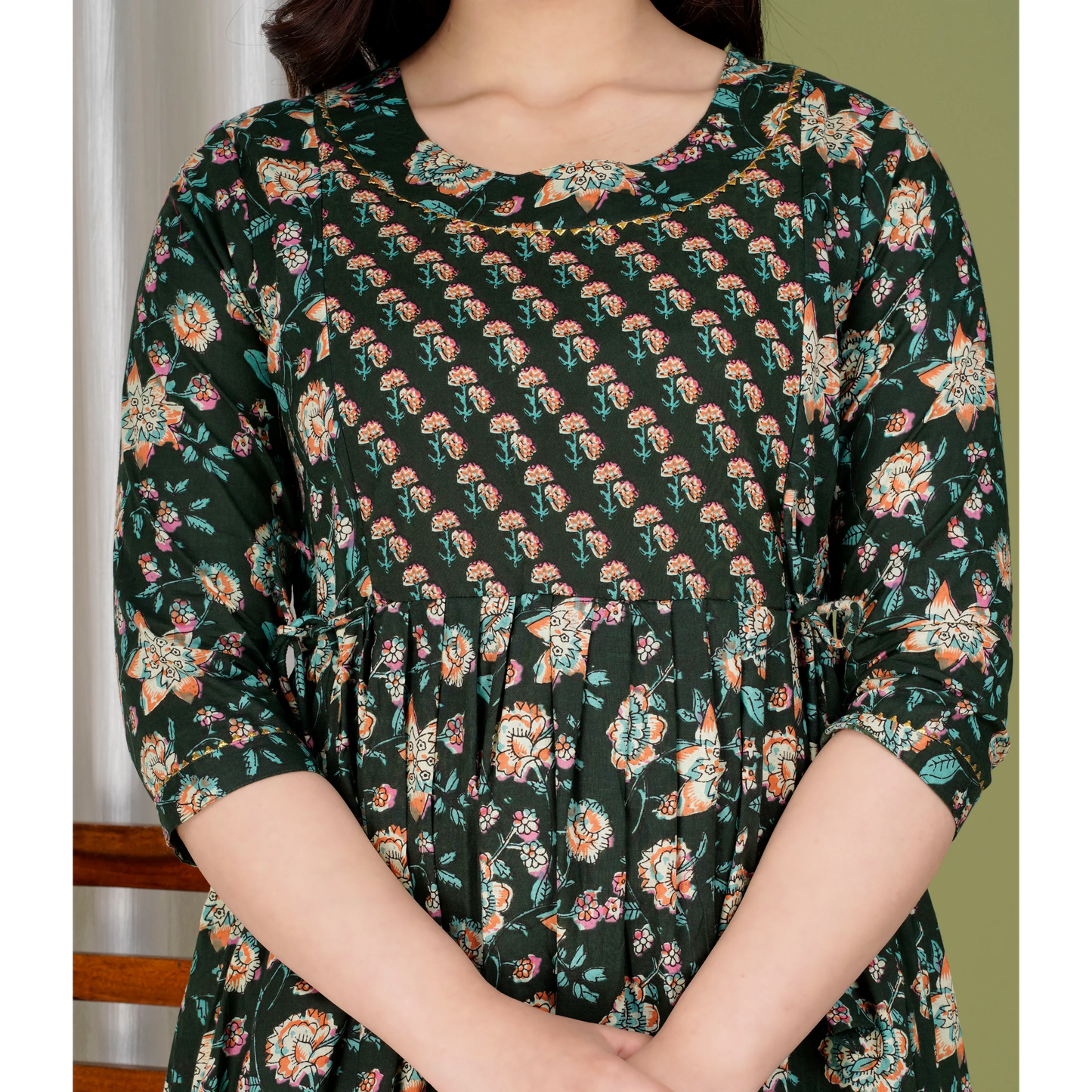 Hima Premium Cotton Anarkali Feeding & Maternity Kurti β 48 Inch Length, 2 Side Zips All-Day Comfort for Moms (green Black)