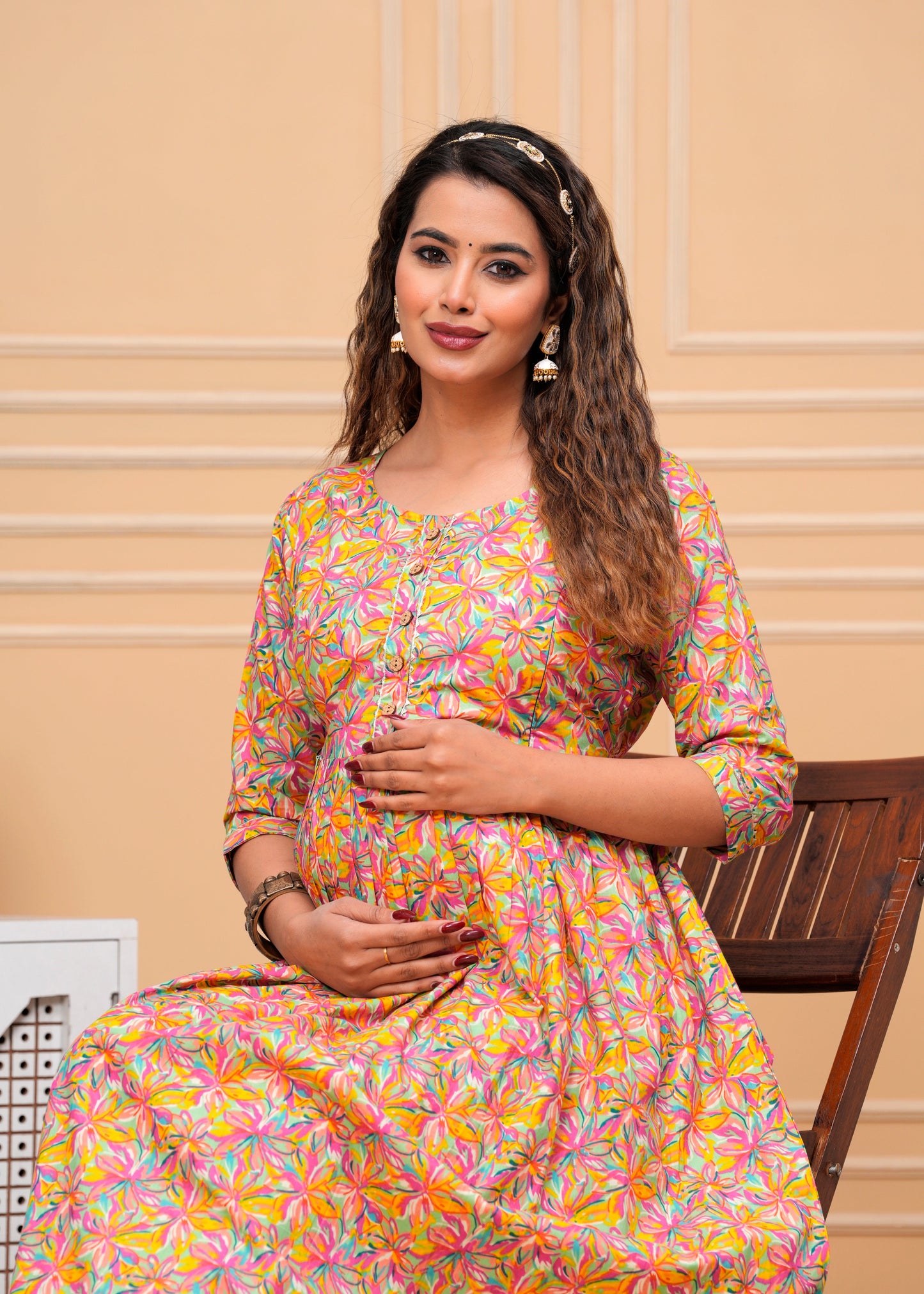 Versatile Comfort: Hima Cambric Pure Cotton Maternity Cum Feeding Kurti (Orange)(LUX001)