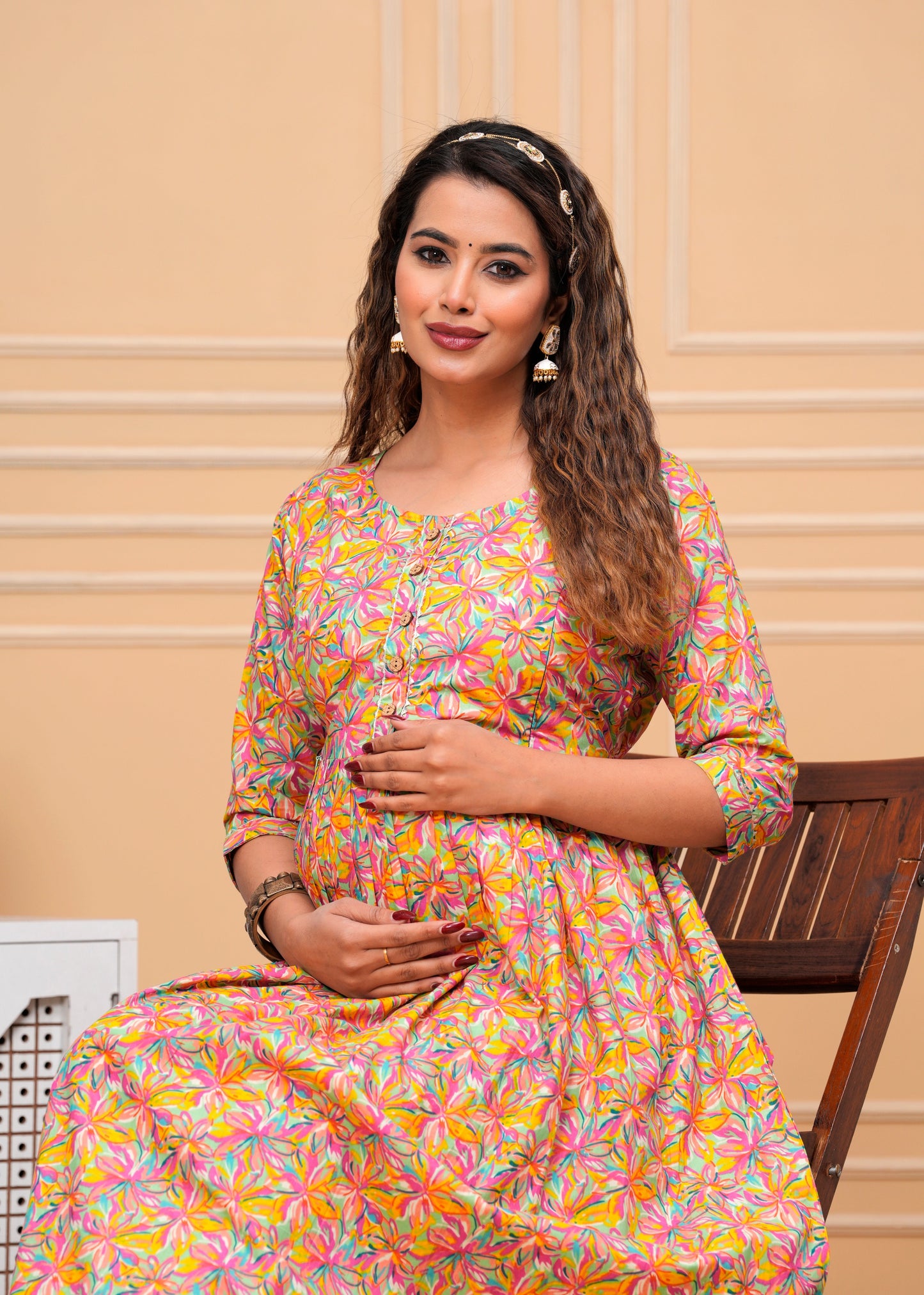 Hima Premium Cotton Anarkali Feeding & Maternity Kurti β 48 Inch Length, 2 Side Zips All-Day Comfort for Moms (Orange)