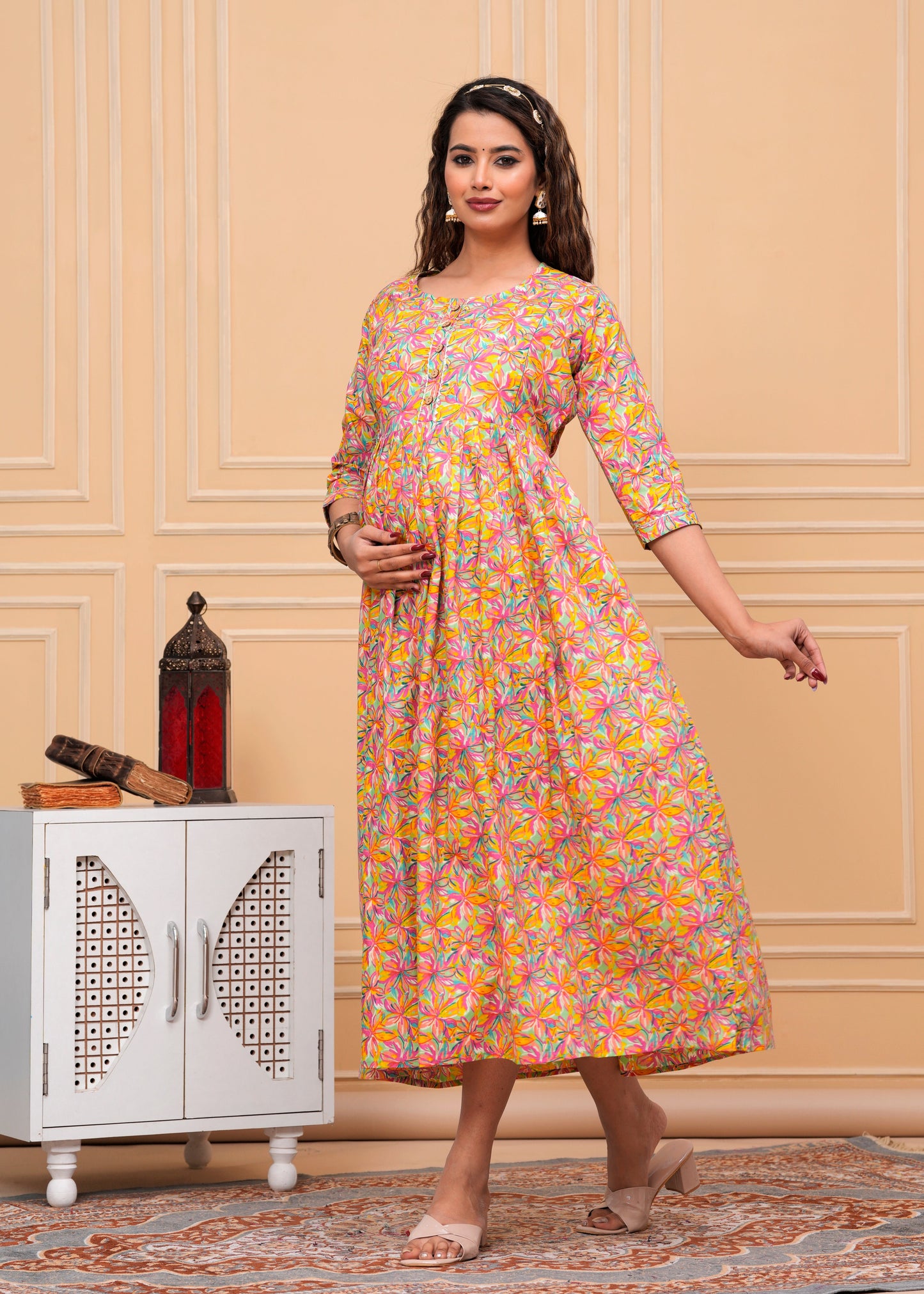Versatile Comfort: Hima Cambric Pure Cotton Maternity Cum Feeding Kurti (Orange)(LUX001)