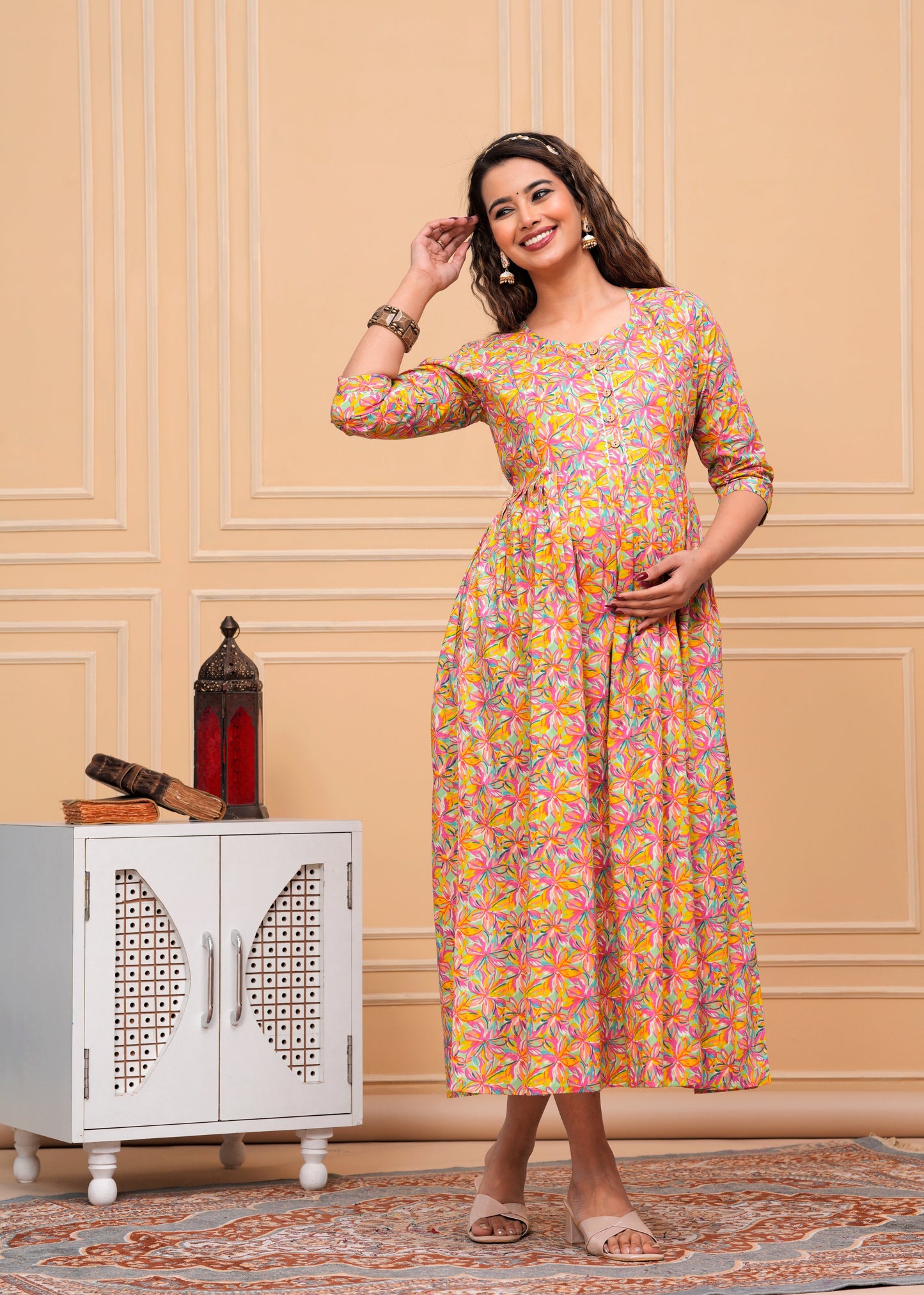 Hima Premium Cotton Anarkali Feeding & Maternity Kurti β 48 Inch Length, 2 Side Zips All-Day Comfort for Moms (Orange)