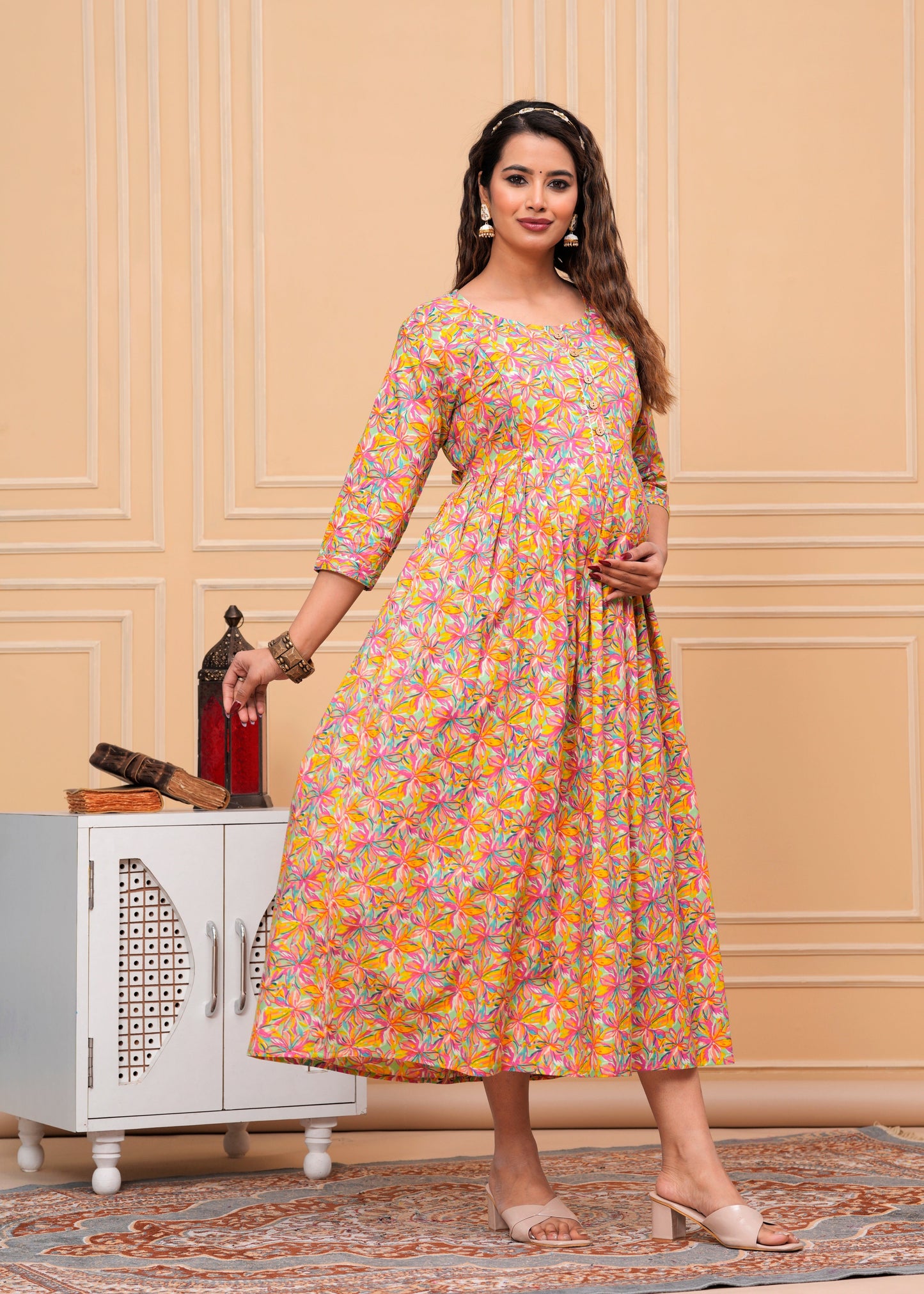 Hima Premium Cotton Anarkali Feeding & Maternity Kurti β 48 Inch Length, 2 Side Zips All-Day Comfort for Moms (Orange)