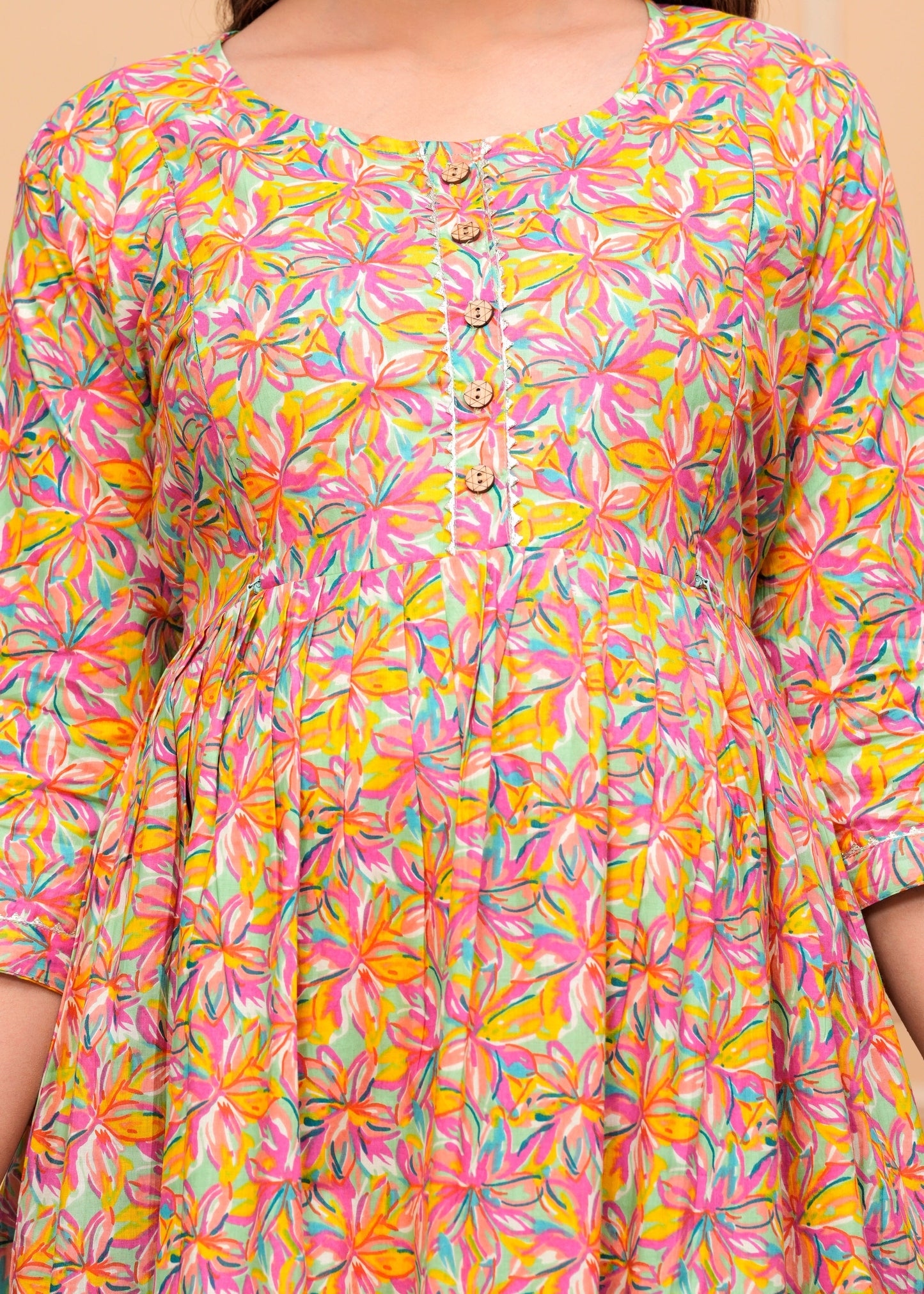 Hima Premium Cotton Anarkali Feeding & Maternity Kurti β 48 Inch Length, 2 Side Zips All-Day Comfort for Moms (Orange)