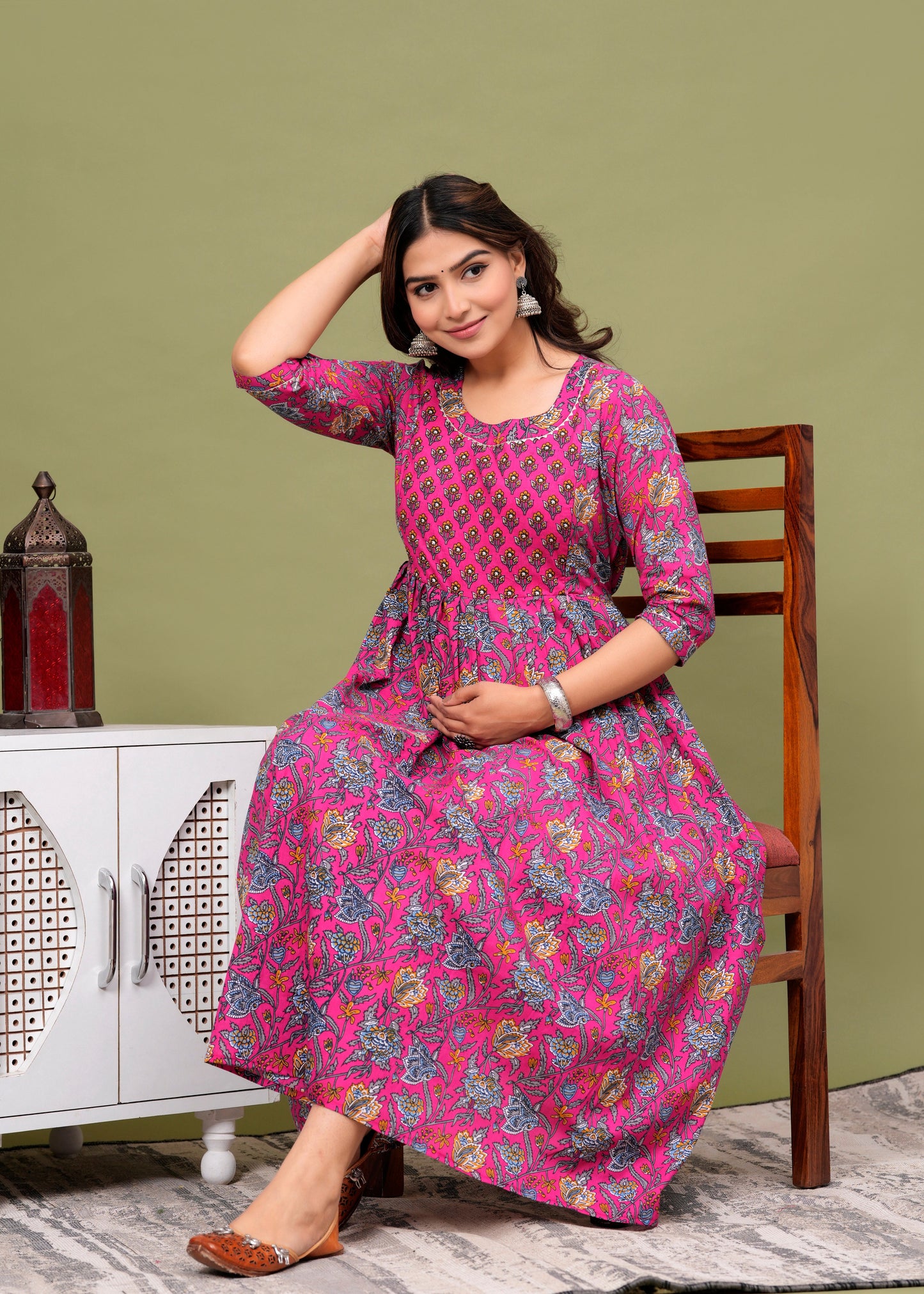 Hima Premium Cotton Anarkali Feeding & Maternity Kurti β 48 Inch Length, 2 Side Zips All-Day Comfort for Moms (Pink)