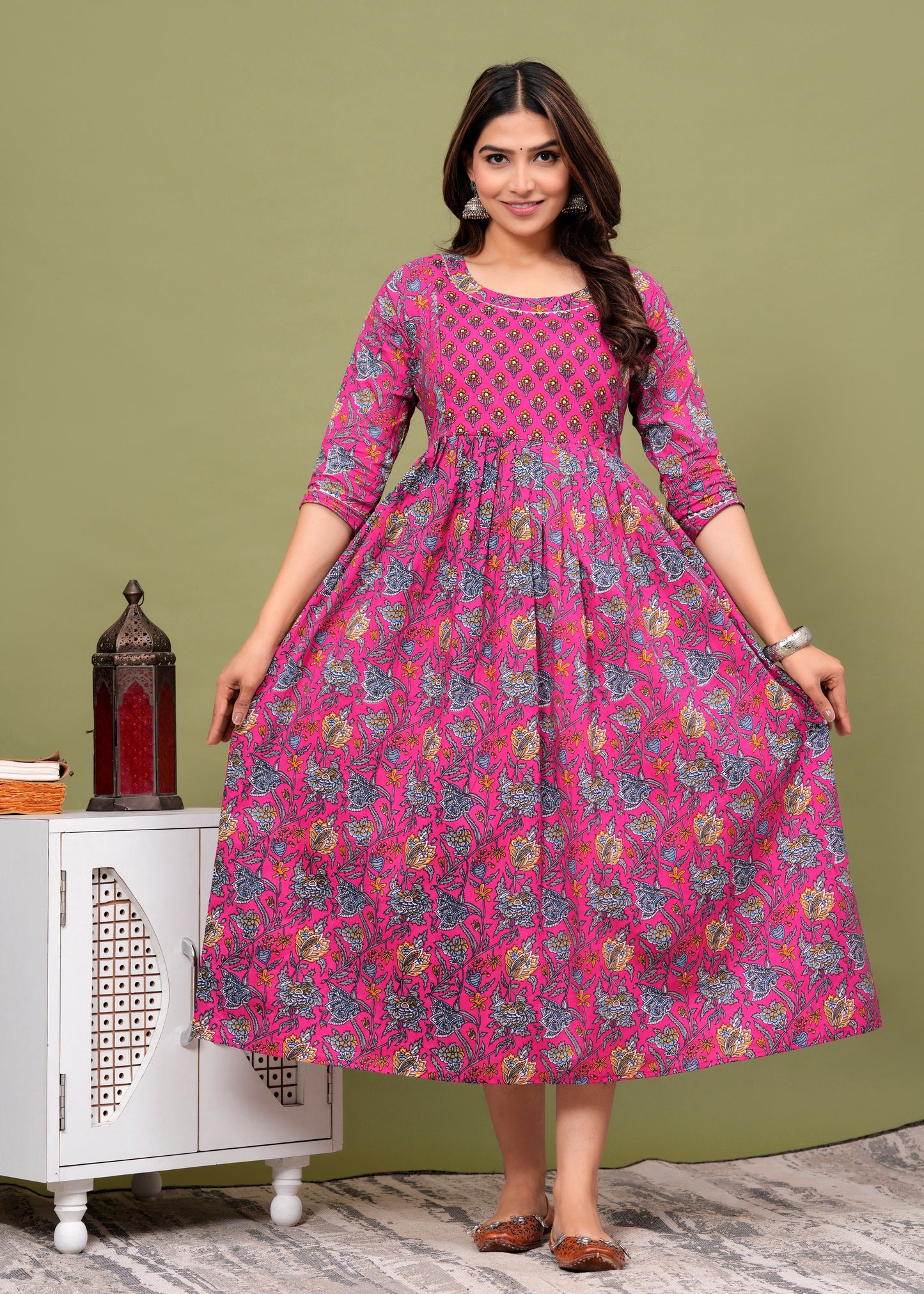 Hima Premium Cotton Anarkali Feeding & Maternity Kurti β 48 Inch Length, 2 Side Zips All-Day Comfort for Moms (Pink)