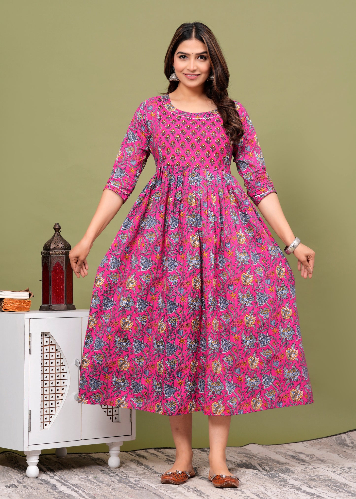Hima Premium Cotton Anarkali Feeding & Maternity Kurti β 48 Inch Length, 2 Side Zips All-Day Comfort for Moms (Pink)