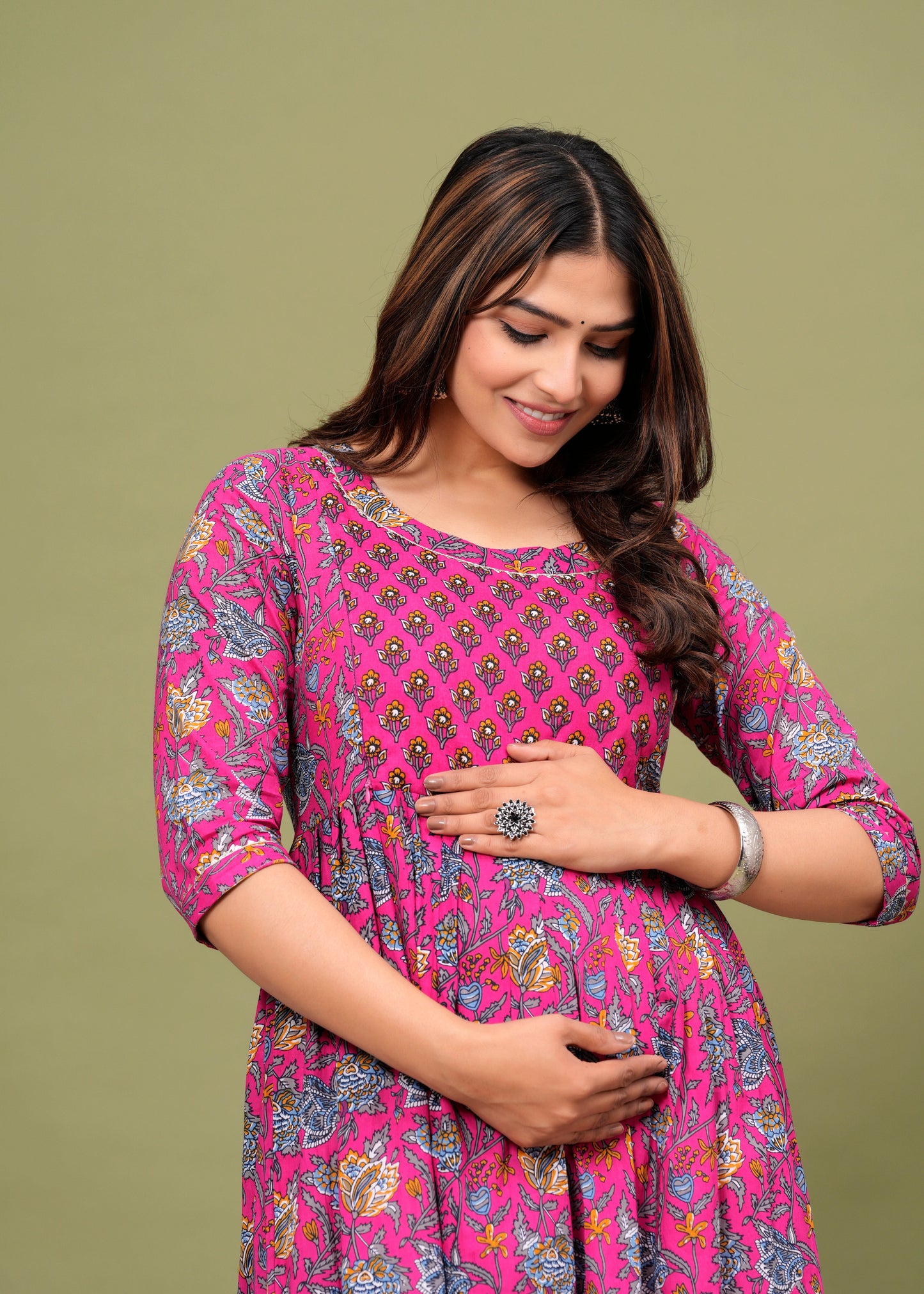 Hima Premium Cotton Anarkali Feeding & Maternity Kurti β 48 Inch Length, 2 Side Zips All-Day Comfort for Moms (Pink)