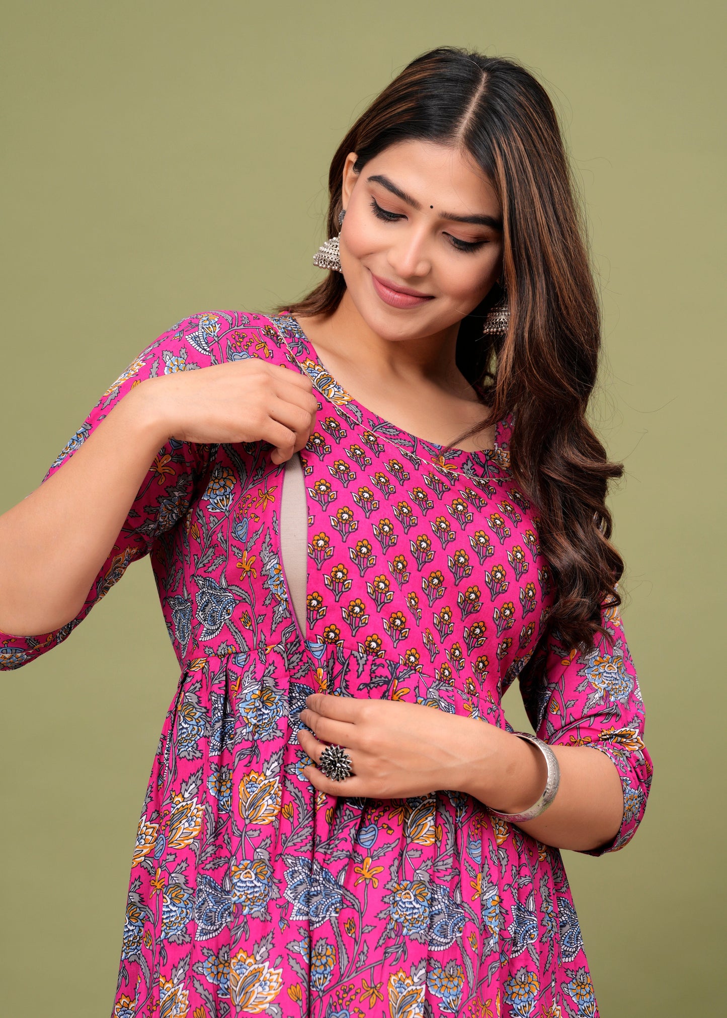 Hima Premium Cotton Anarkali Feeding & Maternity Kurti β 48 Inch Length, 2 Side Zips All-Day Comfort for Moms (Pink)