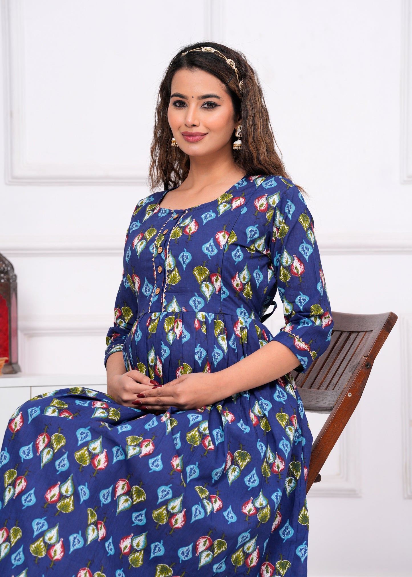 Hima Premium Cotton Anarkali Feeding & Maternity Kurti β 48 Inch Length, 2 Side Zips All-Day Comfort for Moms (Blue)