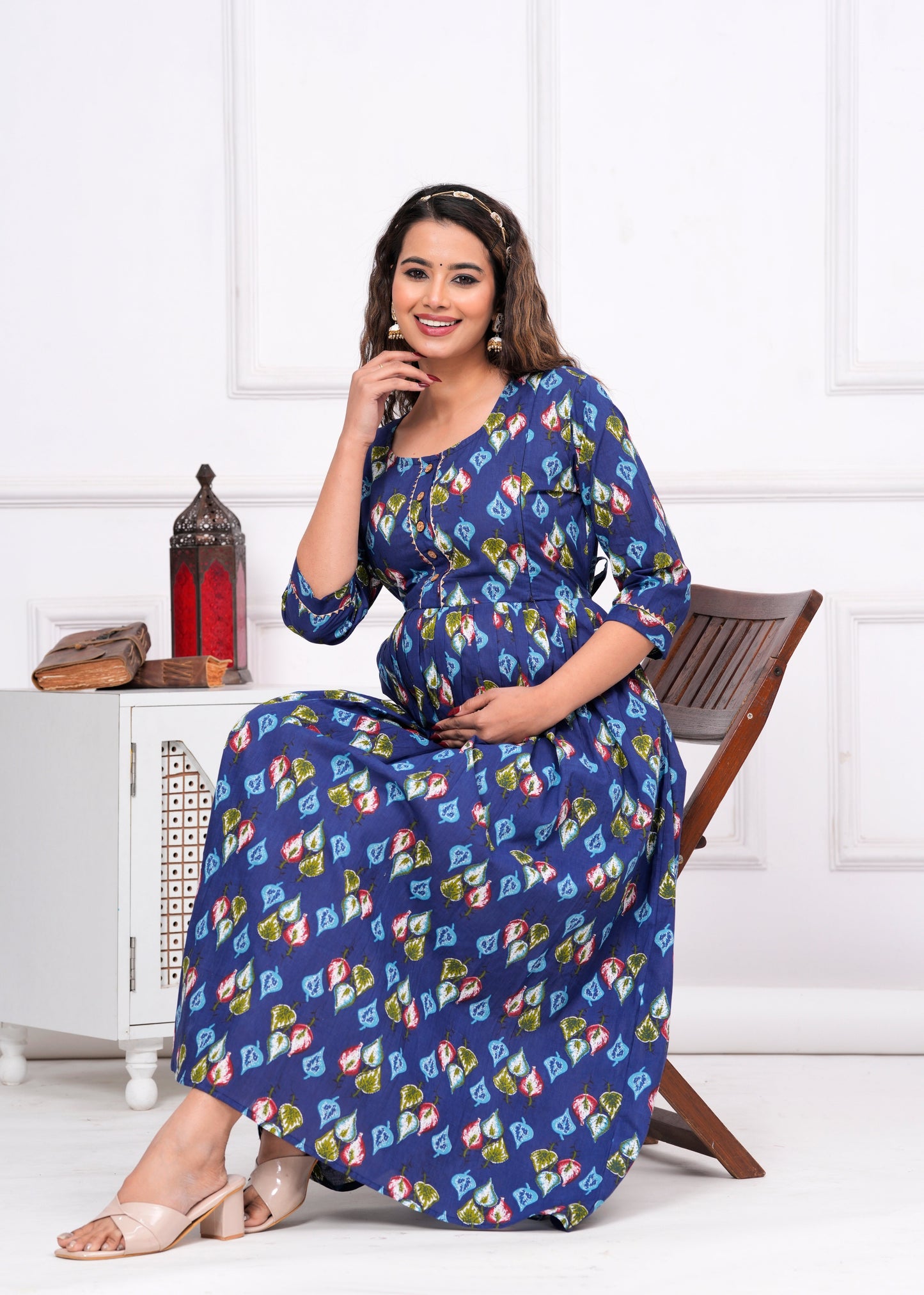 Hima Premium Cotton Anarkali Feeding & Maternity Kurti β 48 Inch Length, 2 Side Zips All-Day Comfort for Moms (Blue)