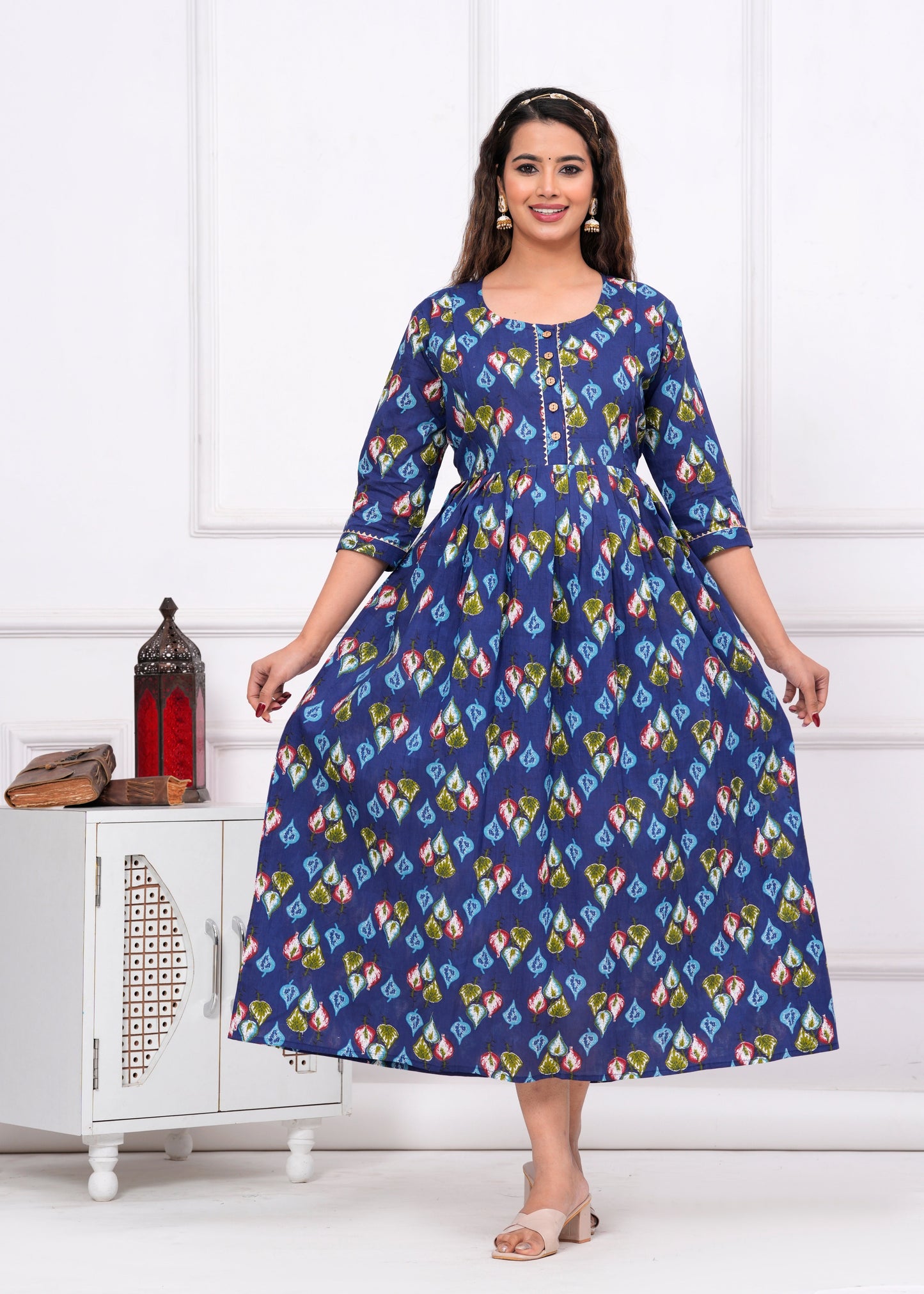 Hima Premium Cotton Anarkali Feeding & Maternity Kurti β 48 Inch Length, 2 Side Zips All-Day Comfort for Moms (Blue)