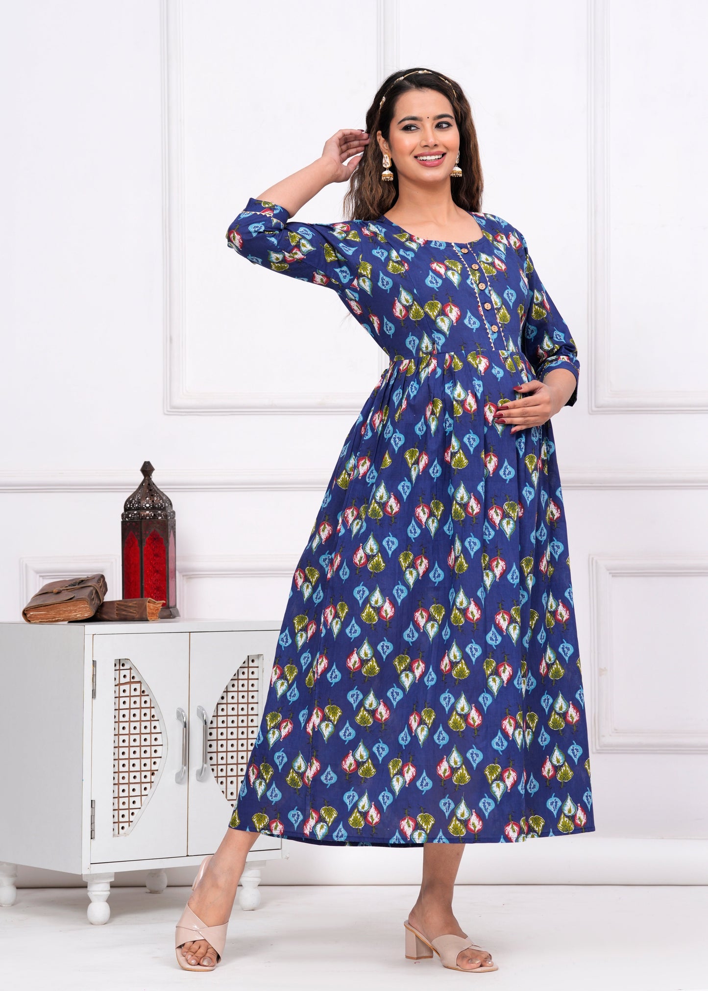 Hima Premium Cotton Anarkali Feeding & Maternity Kurti β 48 Inch Length, 2 Side Zips All-Day Comfort for Moms (Blue)