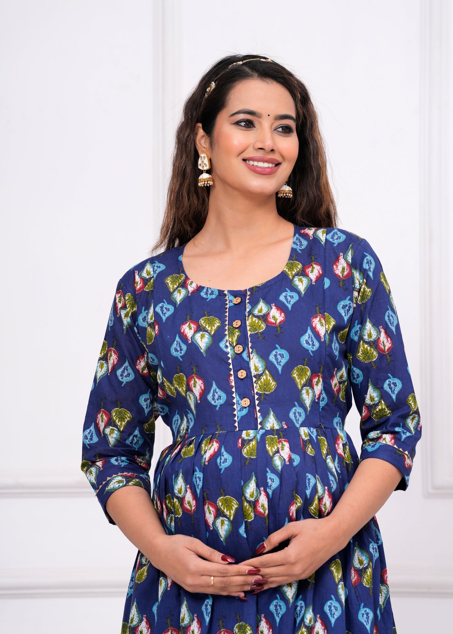 Hima Premium Cotton Anarkali Feeding & Maternity Kurti β 48 Inch Length, 2 Side Zips All-Day Comfort for Moms (Blue)