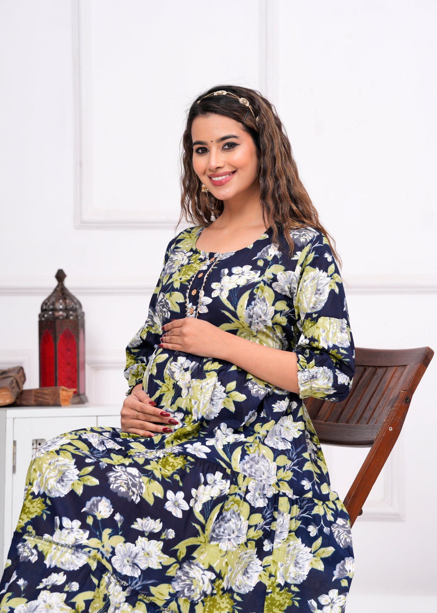 Hima Premium Cotton Anarkali Feeding & Maternity Kurti β 48 Inch Length, 2 Side Zips All-Day Comfort for Moms (Dark Blue with Green)