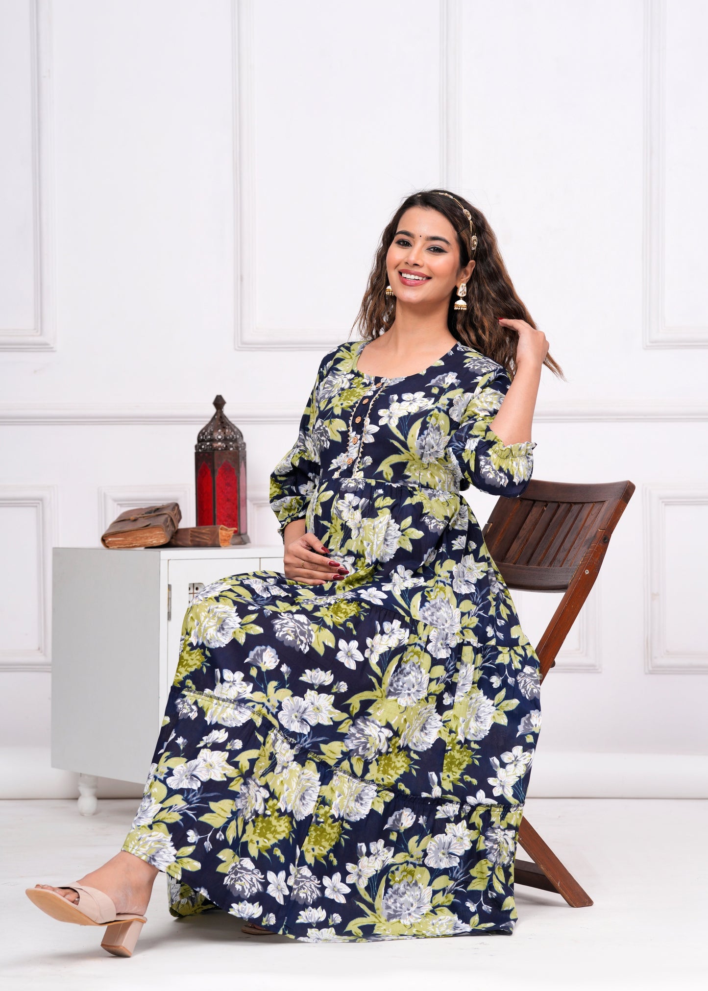 Hima Premium Cotton Anarkali Feeding & Maternity Kurti β 48 Inch Length, 2 Side Zips All-Day Comfort for Moms (Dark Blue with Green)