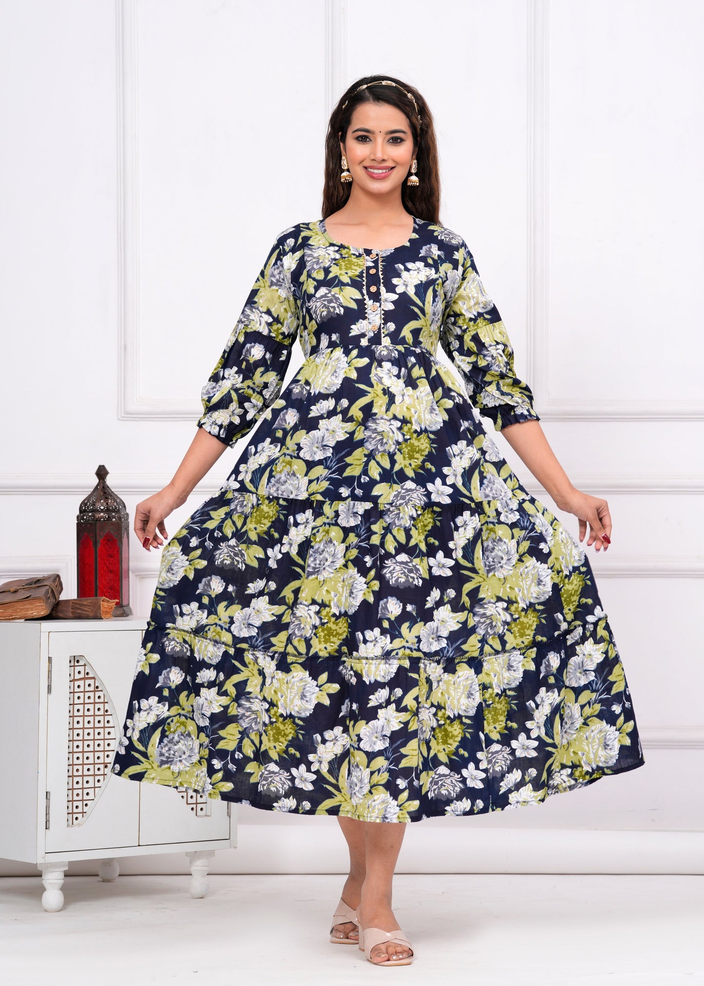 Hima Premium Cotton Anarkali Feeding & Maternity Kurti β 48 Inch Length, 2 Side Zips All-Day Comfort for Moms (Dark Blue with Green)