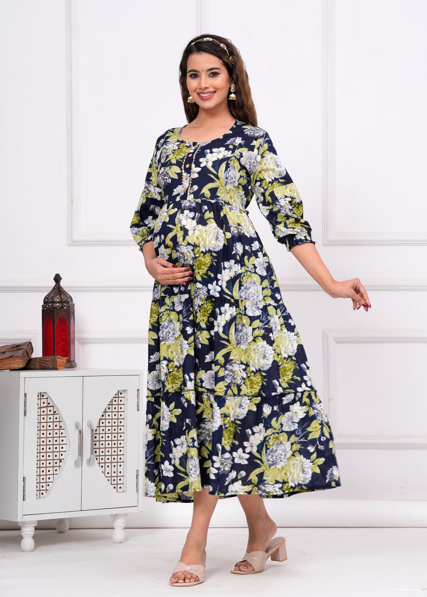 Hima Premium Cotton Anarkali Feeding & Maternity Kurti β 48 Inch Length, 2 Side Zips All-Day Comfort for Moms (Dark Blue with Green)