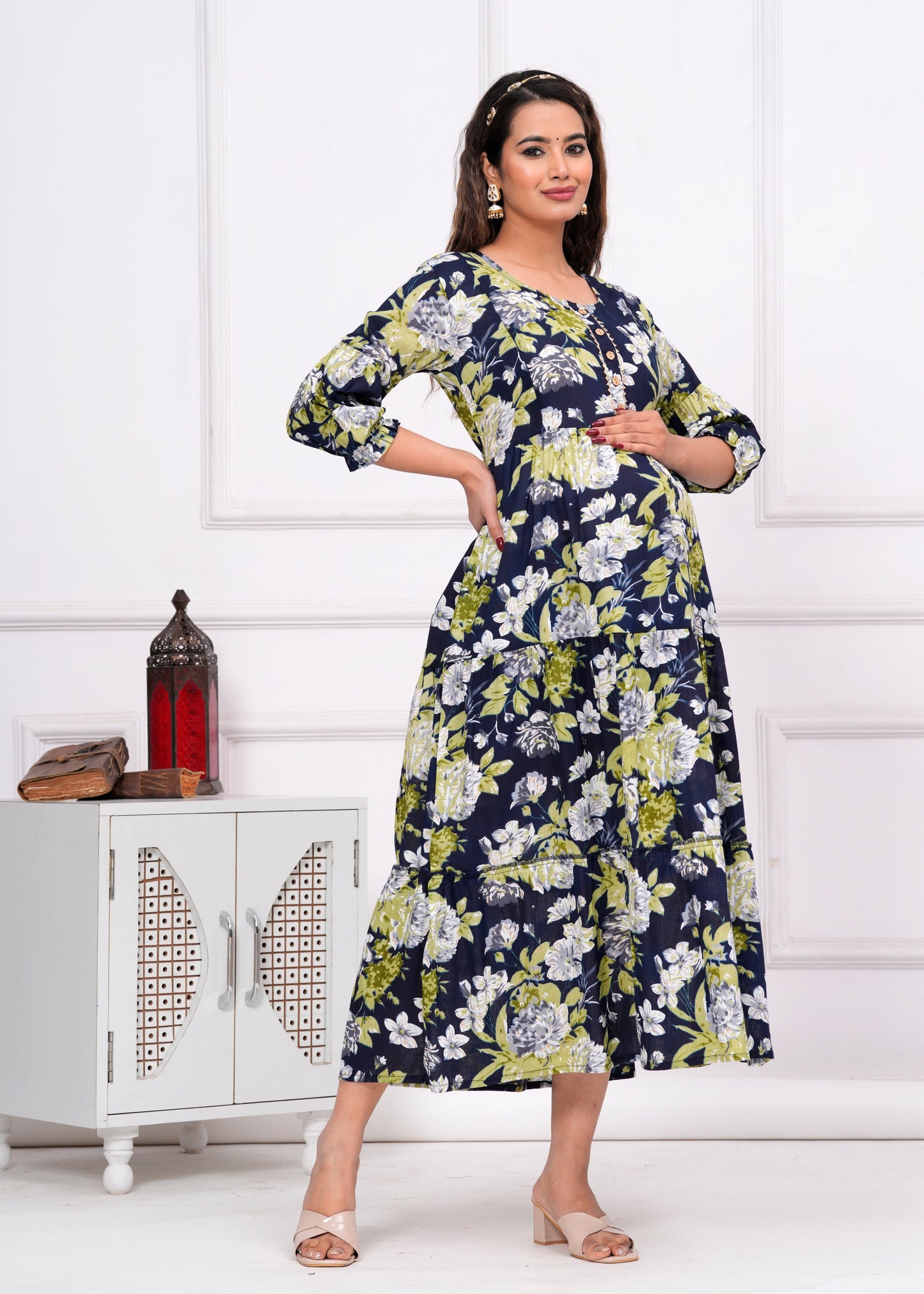 Hima Premium Cotton Anarkali Feeding & Maternity Kurti β 48 Inch Length, 2 Side Zips All-Day Comfort for Moms (Dark Blue with Green)