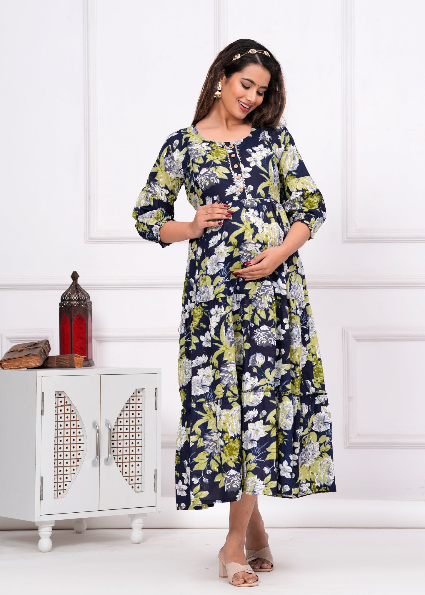 Hima Premium Cotton Anarkali Feeding & Maternity Kurti β 48 Inch Length, 2 Side Zips All-Day Comfort for Moms (Dark Blue with Green)