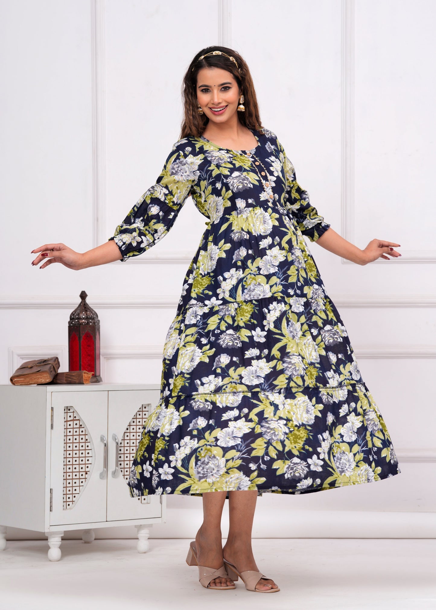 Hima Premium Cotton Anarkali Feeding & Maternity Kurti β 48 Inch Length, 2 Side Zips All-Day Comfort for Moms (Dark Blue with Green)