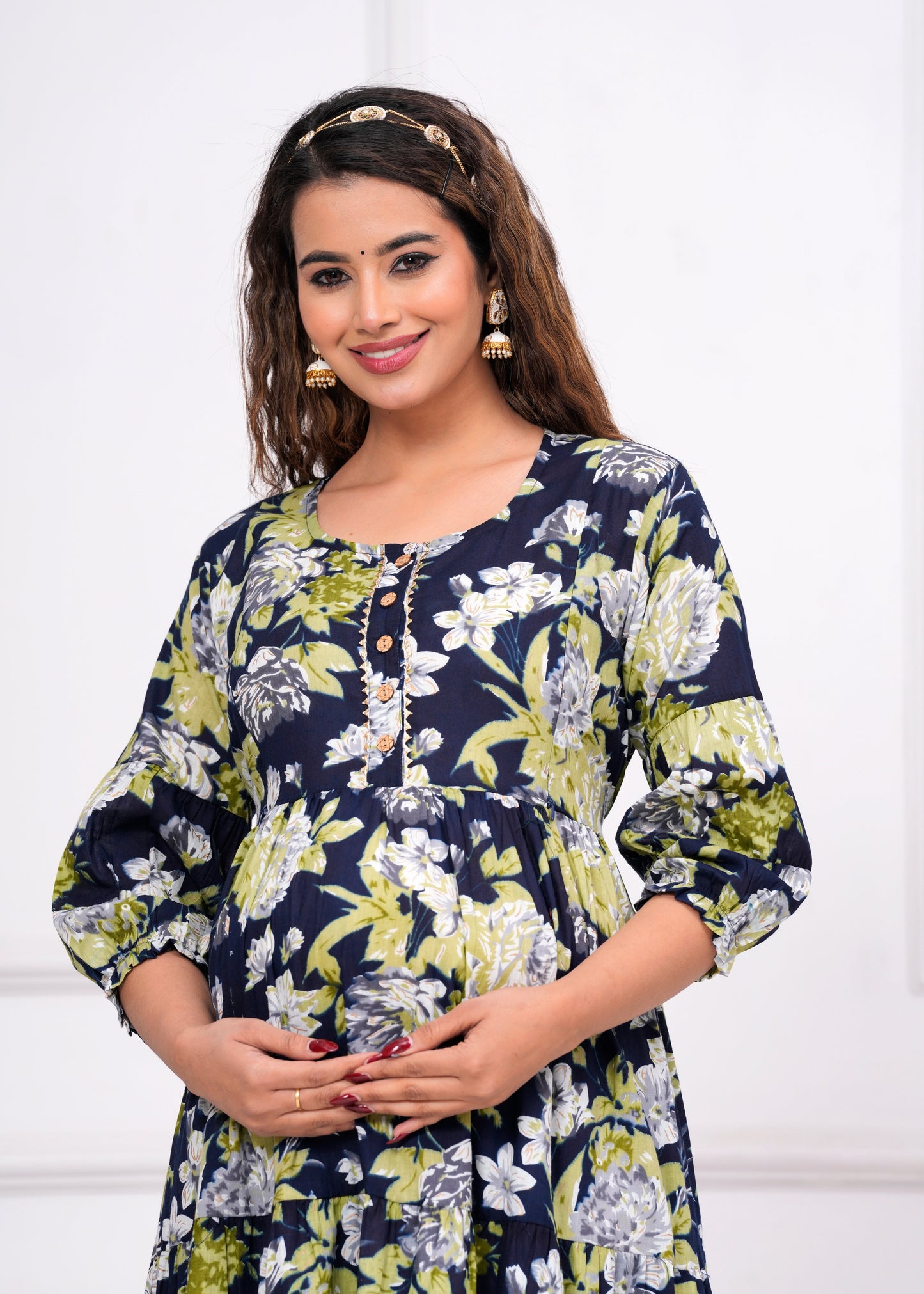 Hima Premium Cotton Anarkali Feeding & Maternity Kurti β 48 Inch Length, 2 Side Zips All-Day Comfort for Moms (Dark Blue with Green)