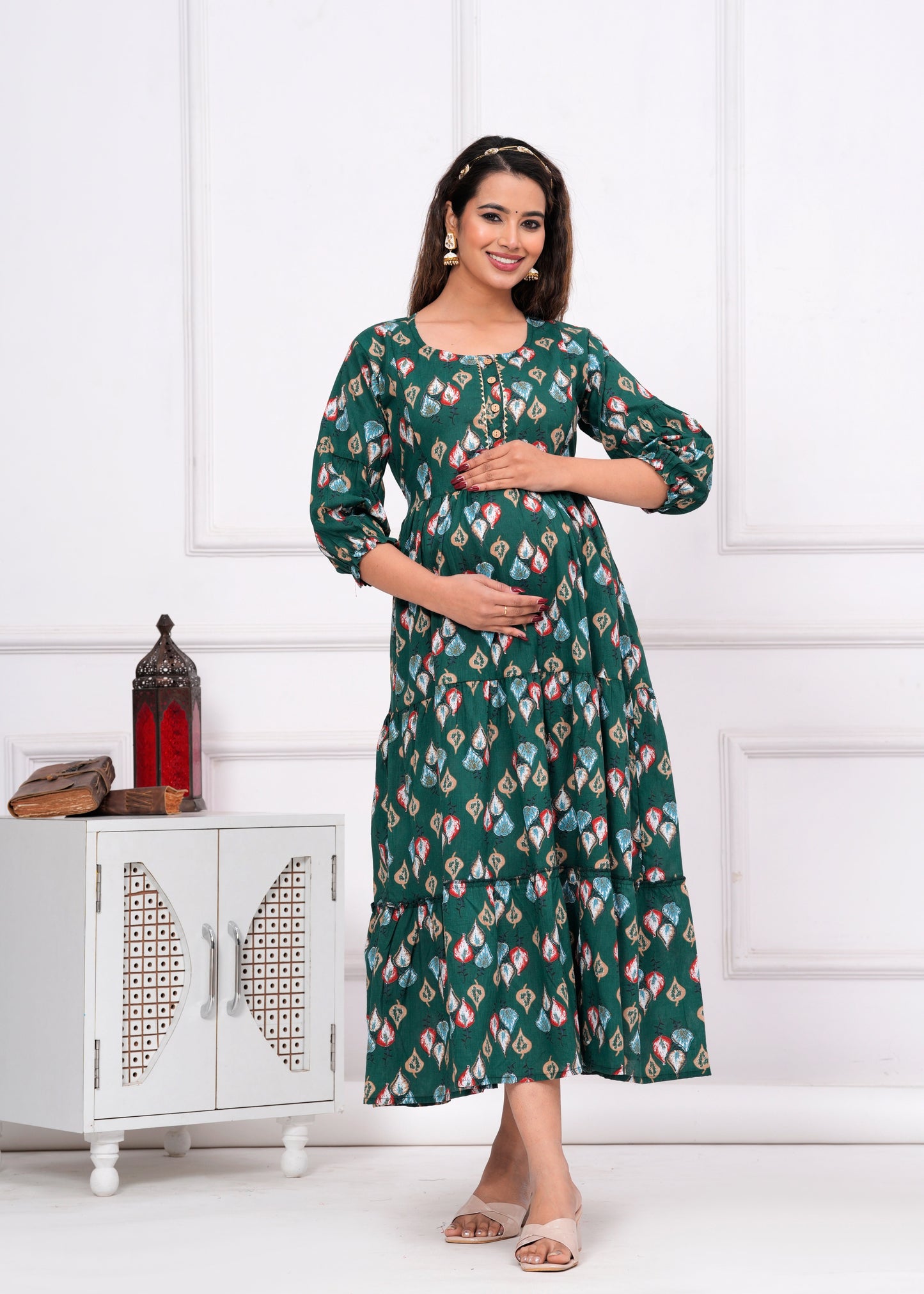 Hima Premium Cotton Anarkali Feeding & Maternity Kurti β 48 Inch Length, 2 Side Zips All-Day Comfort for Moms (Green)