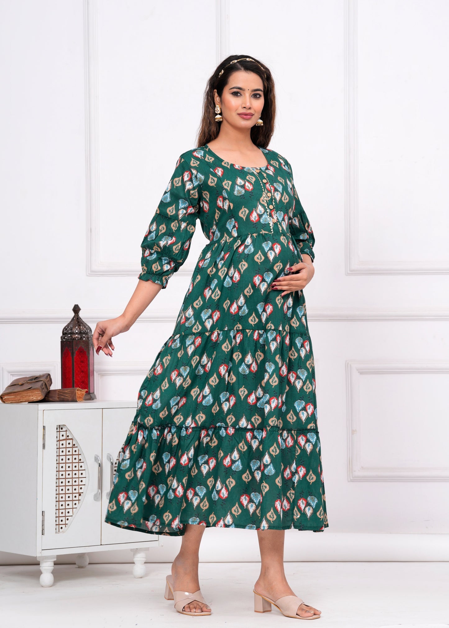 Hima Premium Cotton Anarkali Feeding & Maternity Kurti β 48 Inch Length, 2 Side Zips All-Day Comfort for Moms (Green)