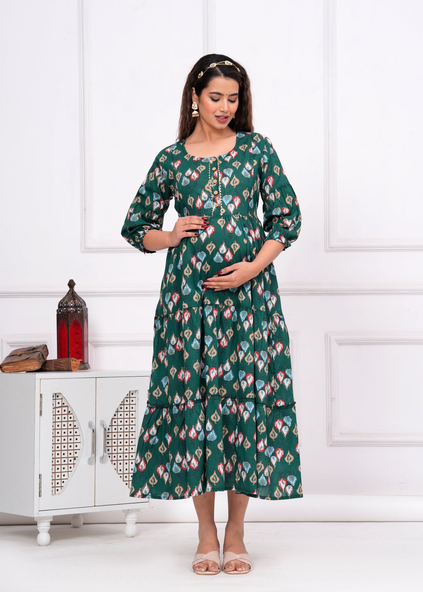 Hima Premium Cotton Anarkali Feeding & Maternity Kurti β 48 Inch Length, 2 Side Zips All-Day Comfort for Moms (Green)