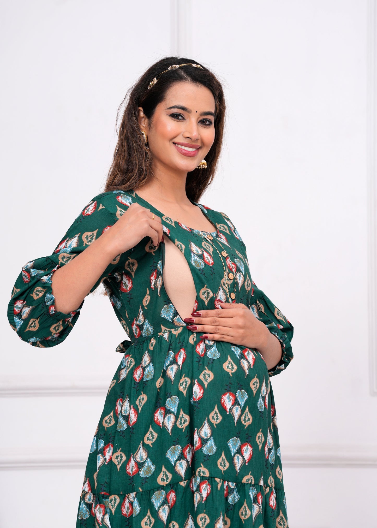 Hima Premium Cotton Anarkali Feeding & Maternity Kurti β 48 Inch Length, 2 Side Zips All-Day Comfort for Moms (Green)