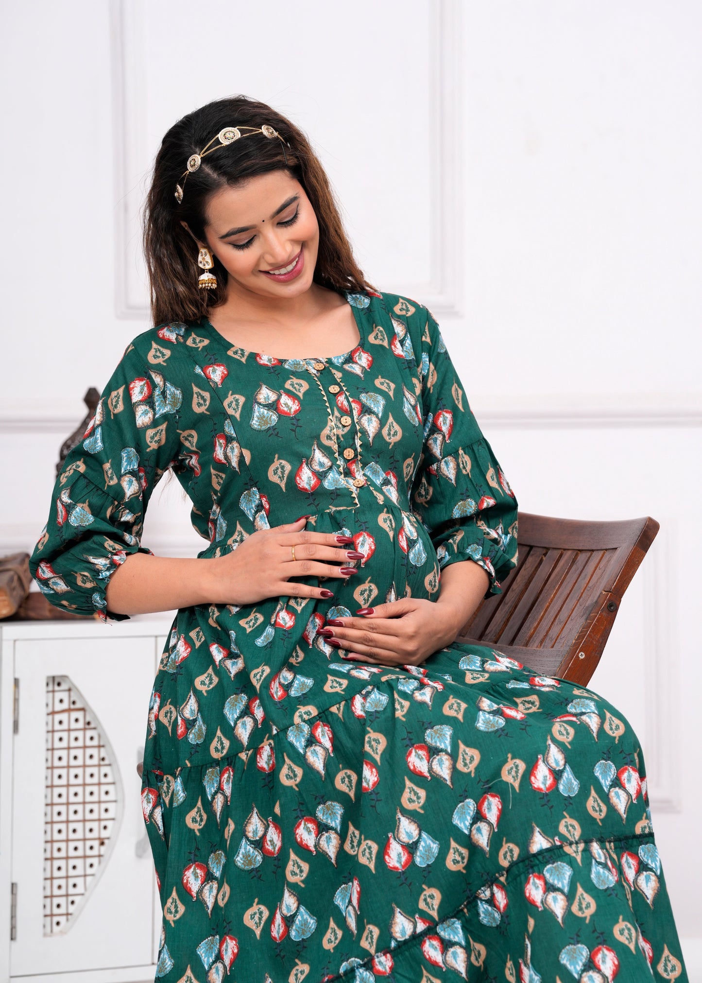 Hima Premium Cotton Anarkali Feeding & Maternity Kurti β 48 Inch Length, 2 Side Zips All-Day Comfort for Moms (Green)