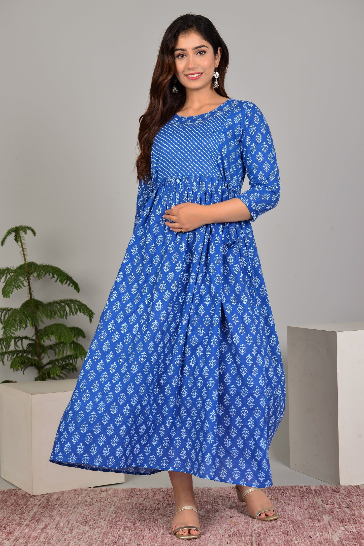 Hima Premium Cotton Anarkali Feeding & Maternity Kurti – 48 Inch Length, 2 Side Zips All-Day Comfort for Moms (Blue)