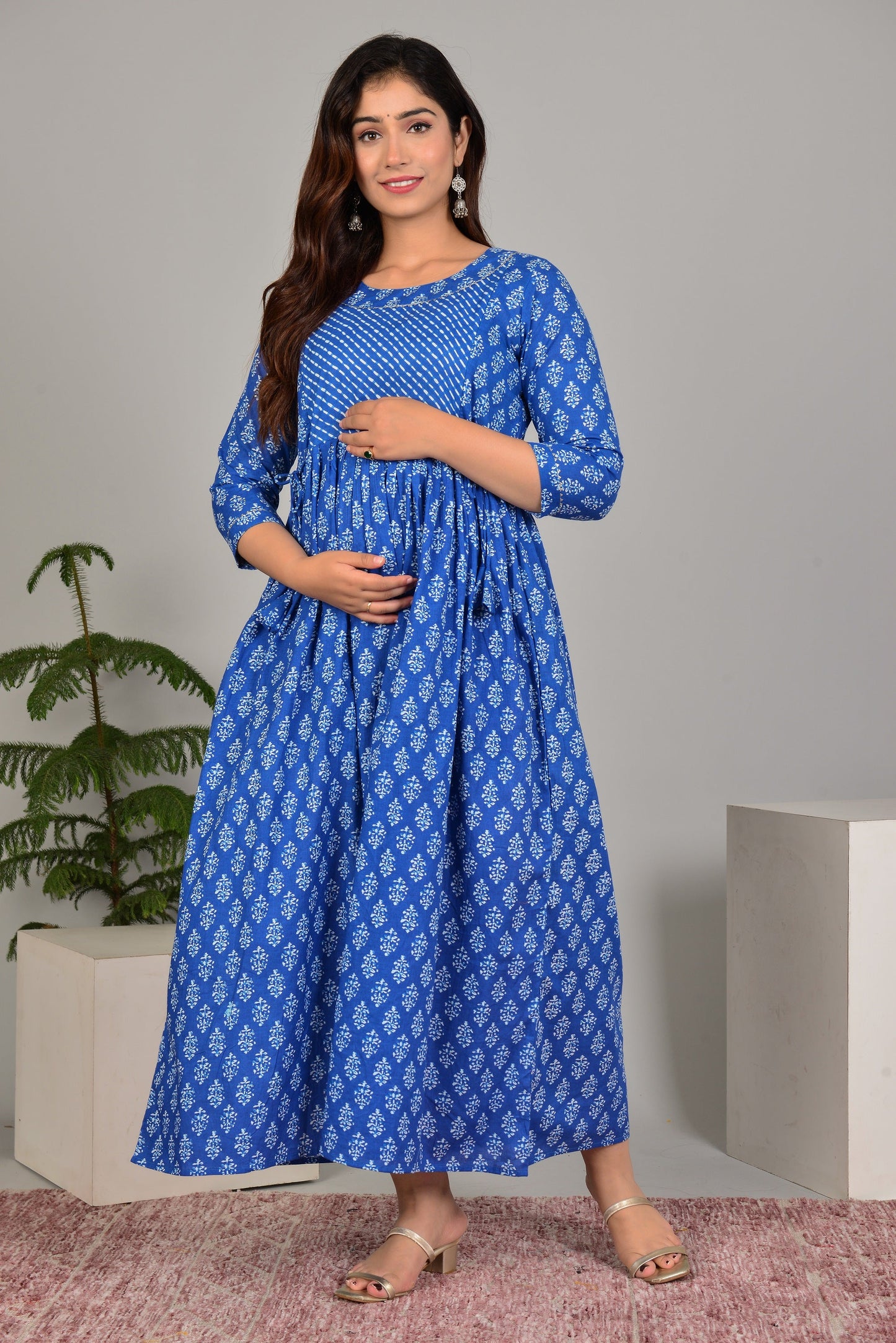 Hima Premium Cotton Anarkali Feeding & Maternity Kurti – 48 Inch Length, 2 Side Zips All-Day Comfort for Moms (Blue)