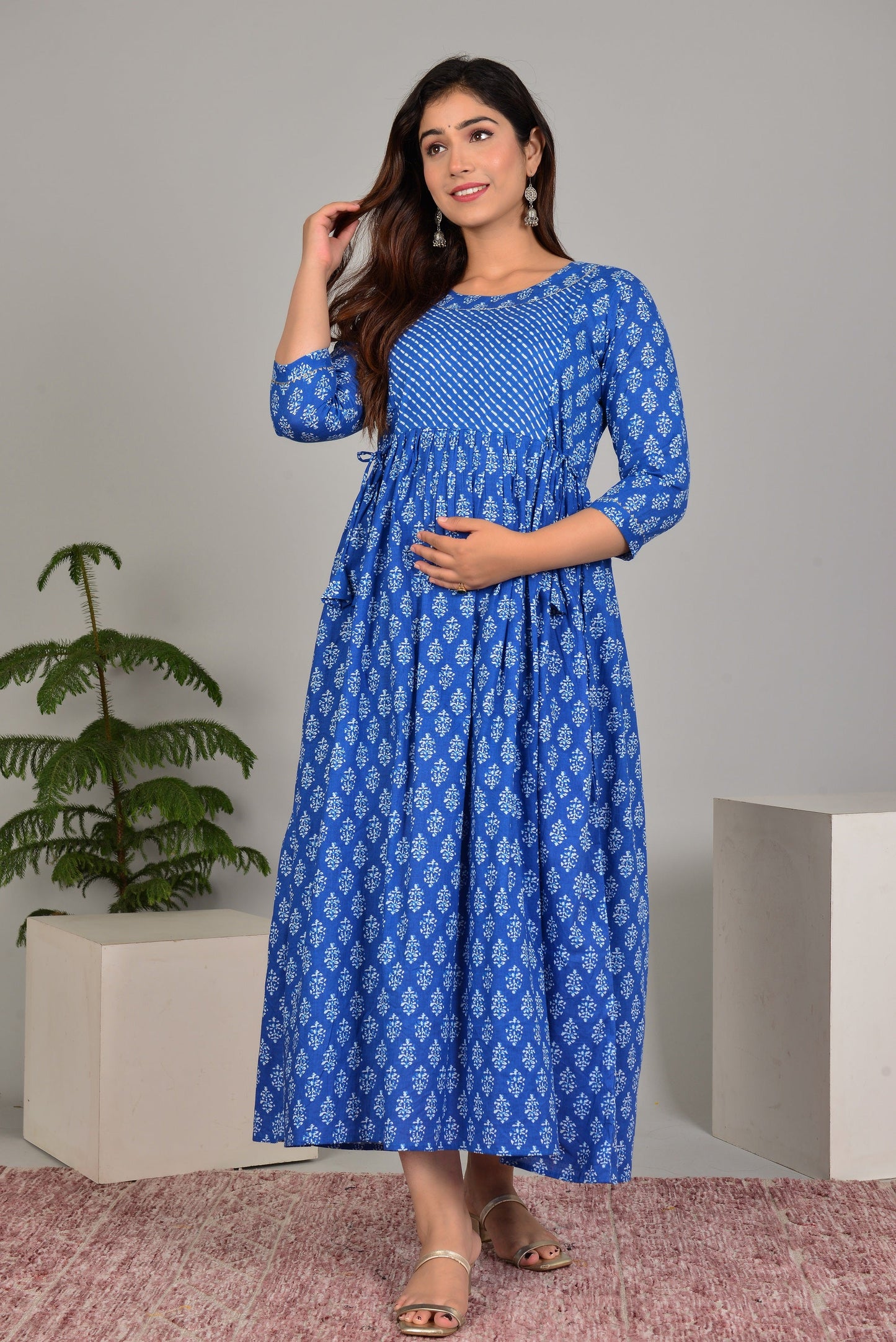 Hima Premium Cotton Anarkali Feeding & Maternity Kurti – 48 Inch Length, 2 Side Zips All-Day Comfort for Moms (Blue)