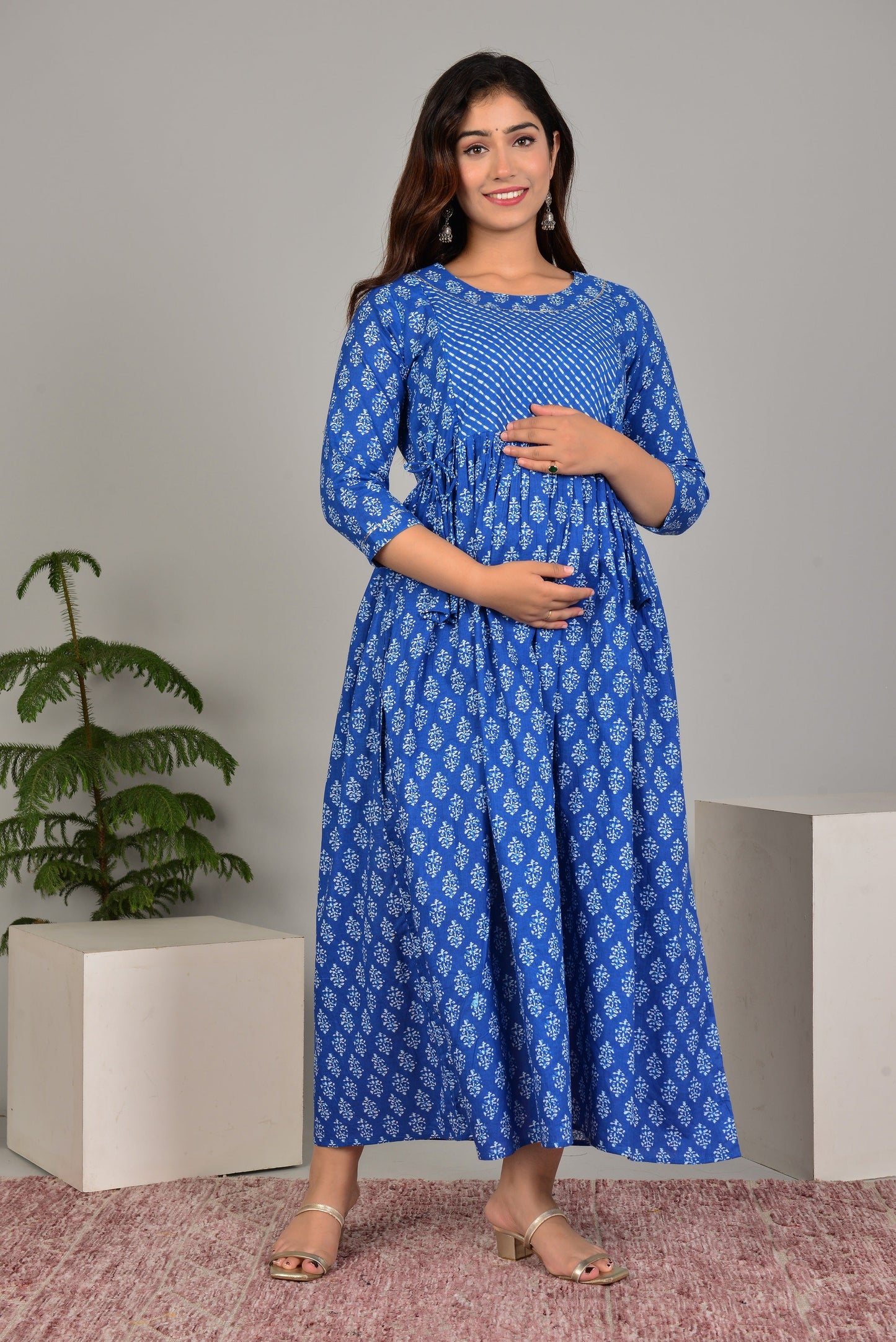 Hima Premium Cotton Anarkali Feeding & Maternity Kurti – 48 Inch Length, 2 Side Zips All-Day Comfort for Moms (Blue)