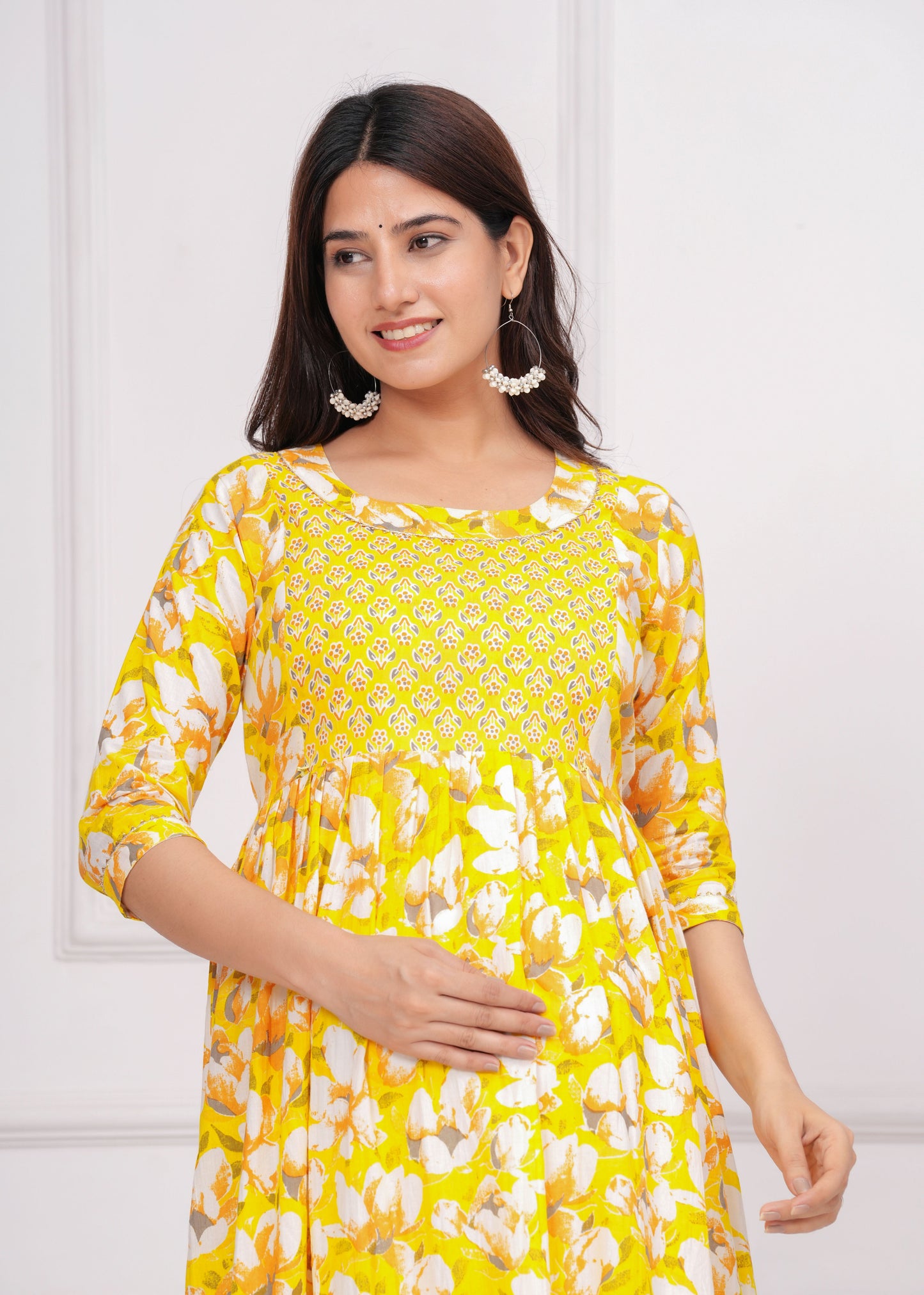 Hima Premium Cotton Anarkali Feeding & Maternity Kurti – 48 Inch Length, 2 Side Zips All-Day Comfort for Moms (Yellow)