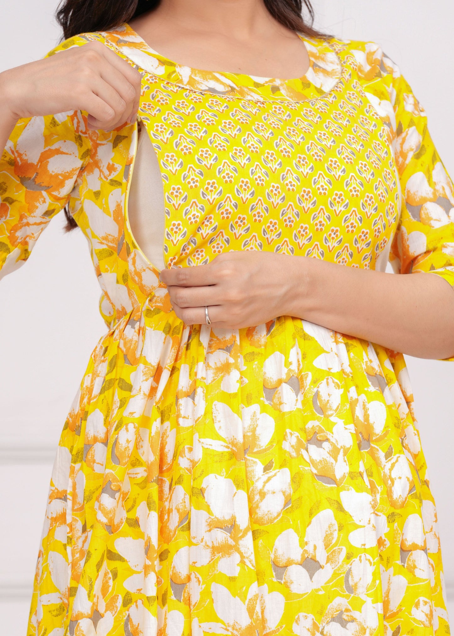 Hima Premium Cotton Anarkali Feeding & Maternity Kurti – 48 Inch Length, 2 Side Zips All-Day Comfort for Moms (Yellow)