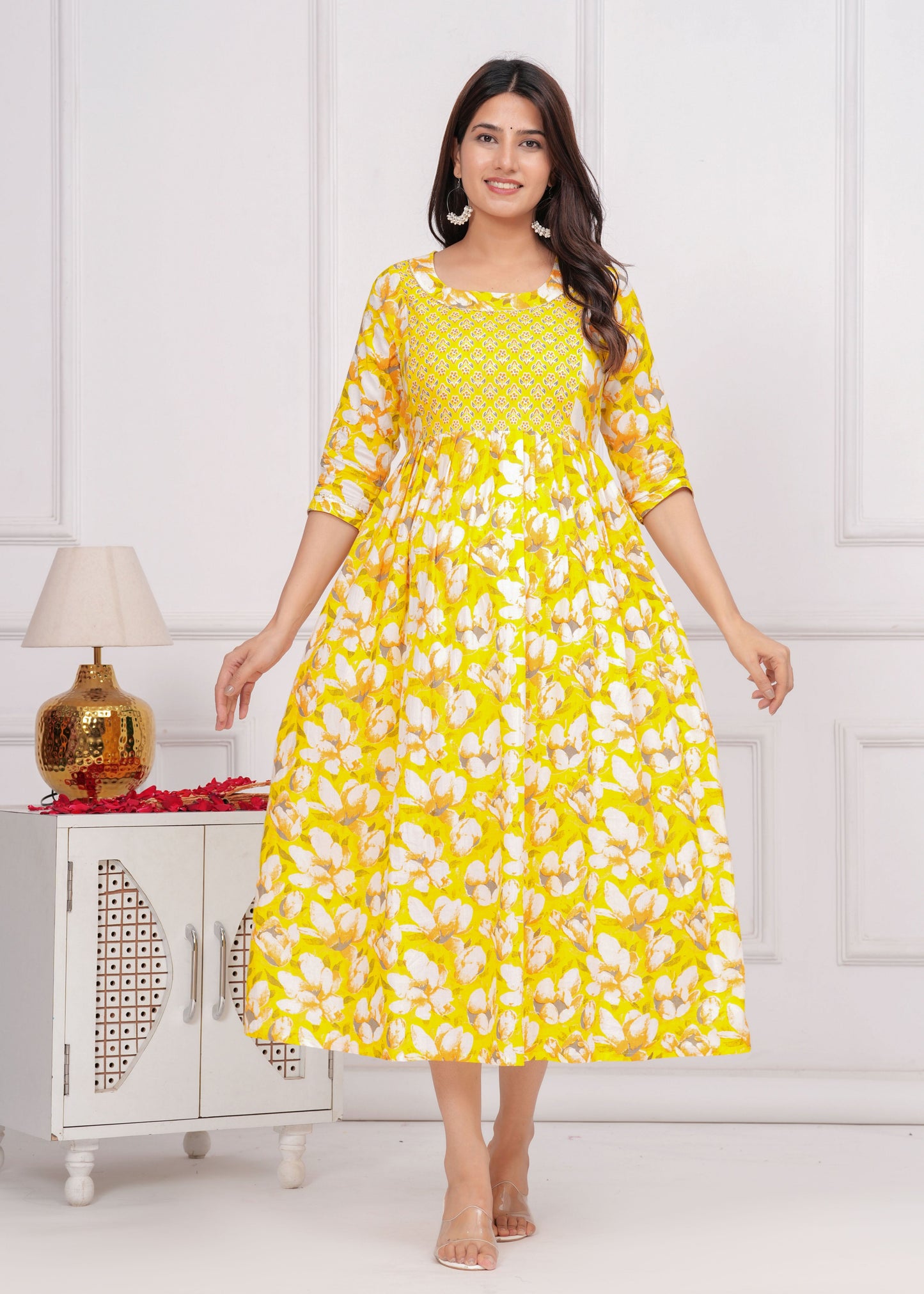 Hima Premium Cotton Anarkali Feeding & Maternity Kurti – 48 Inch Length, 2 Side Zips All-Day Comfort for Moms (Yellow)