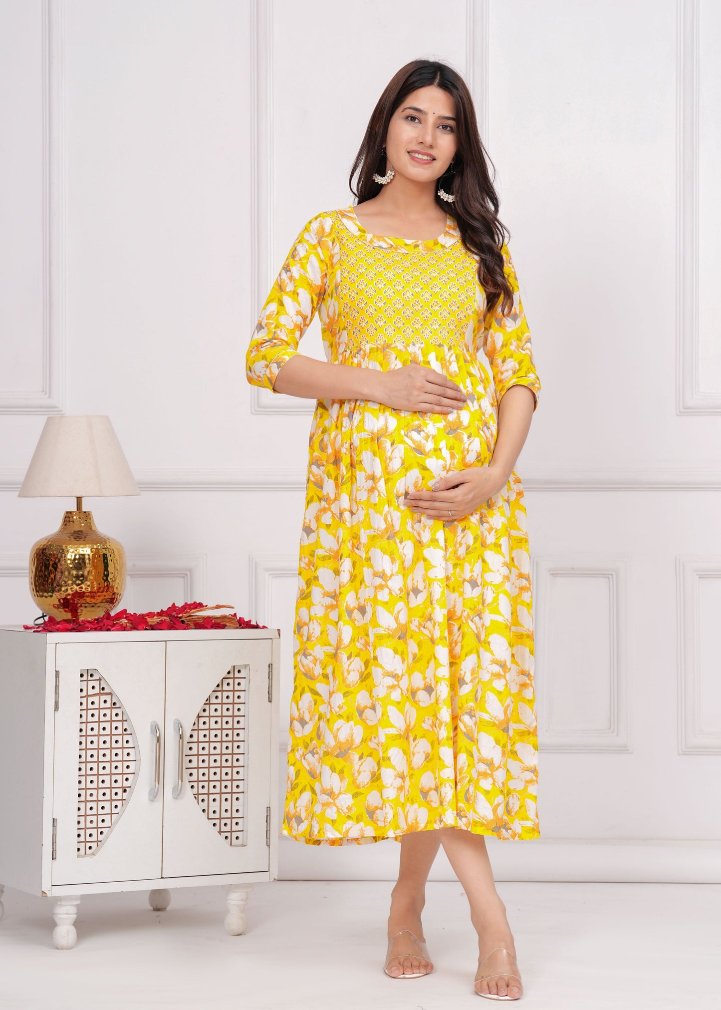 Hima Premium Cotton Anarkali Feeding & Maternity Kurti – 48 Inch Length, 2 Side Zips All-Day Comfort for Moms (Yellow)