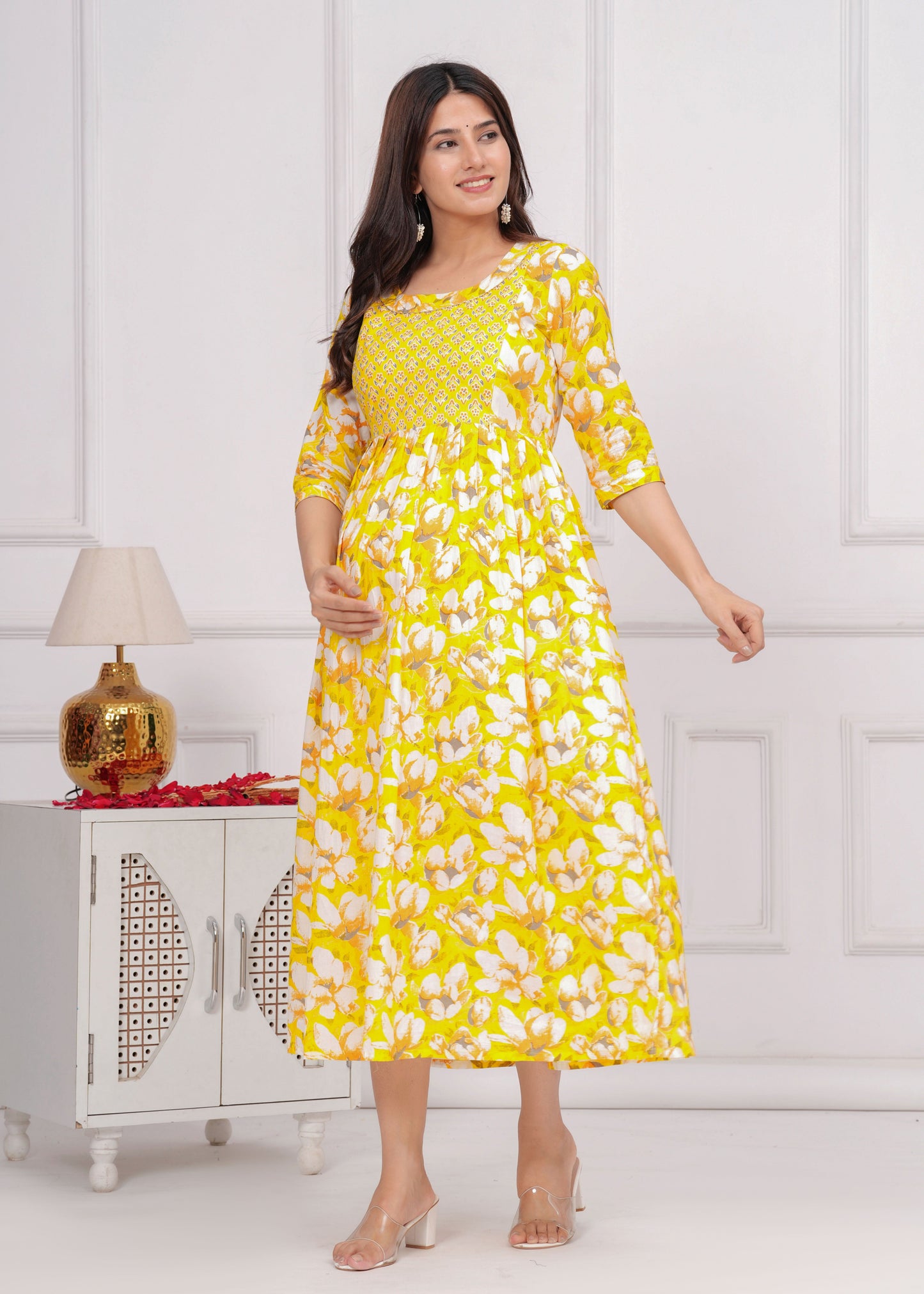 Hima Premium Cotton Anarkali Feeding & Maternity Kurti – 48 Inch Length, 2 Side Zips All-Day Comfort for Moms (Yellow)