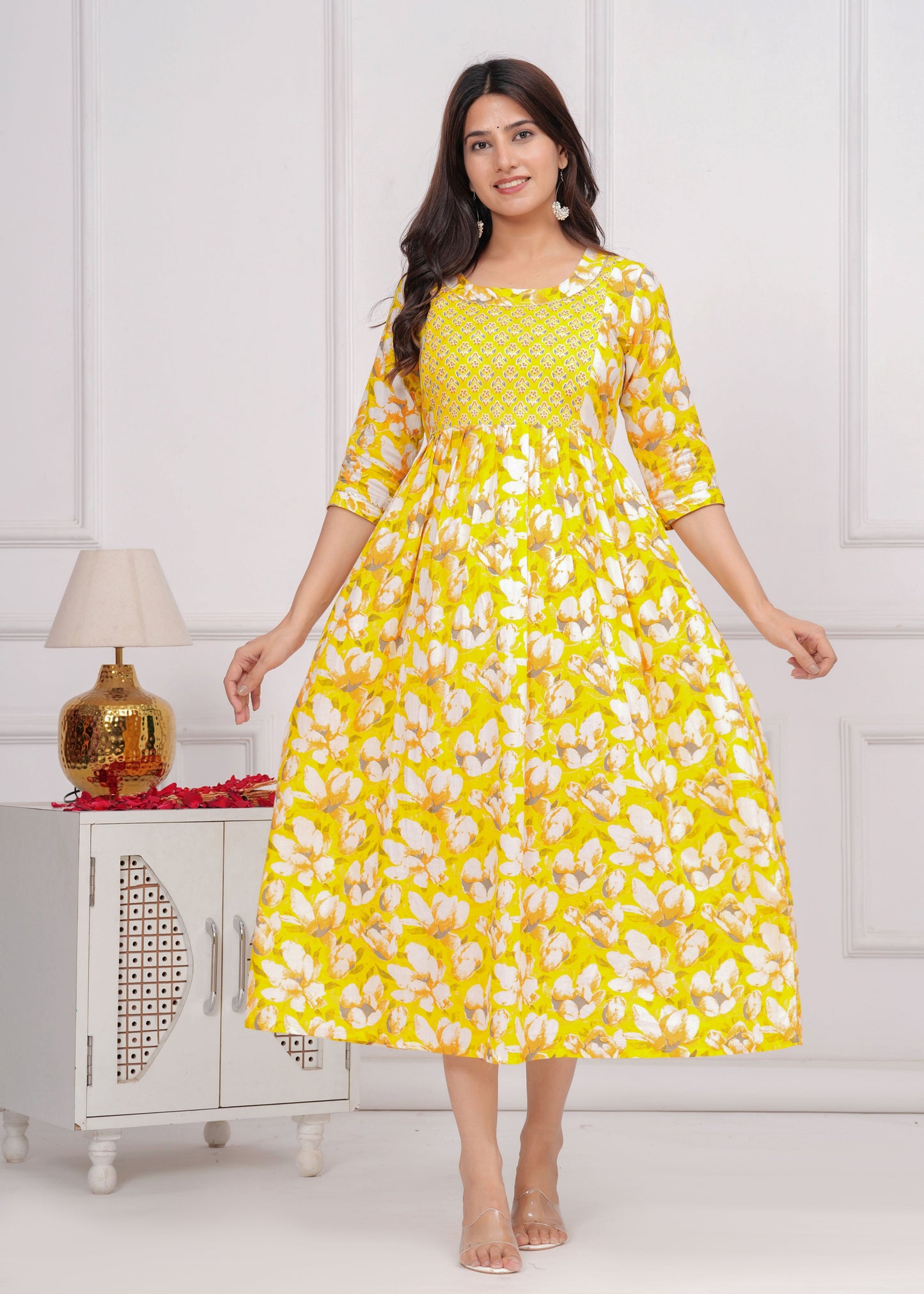 Hima Premium Cotton Anarkali Feeding & Maternity Kurti – 48 Inch Length, 2 Side Zips All-Day Comfort for Moms (Yellow)