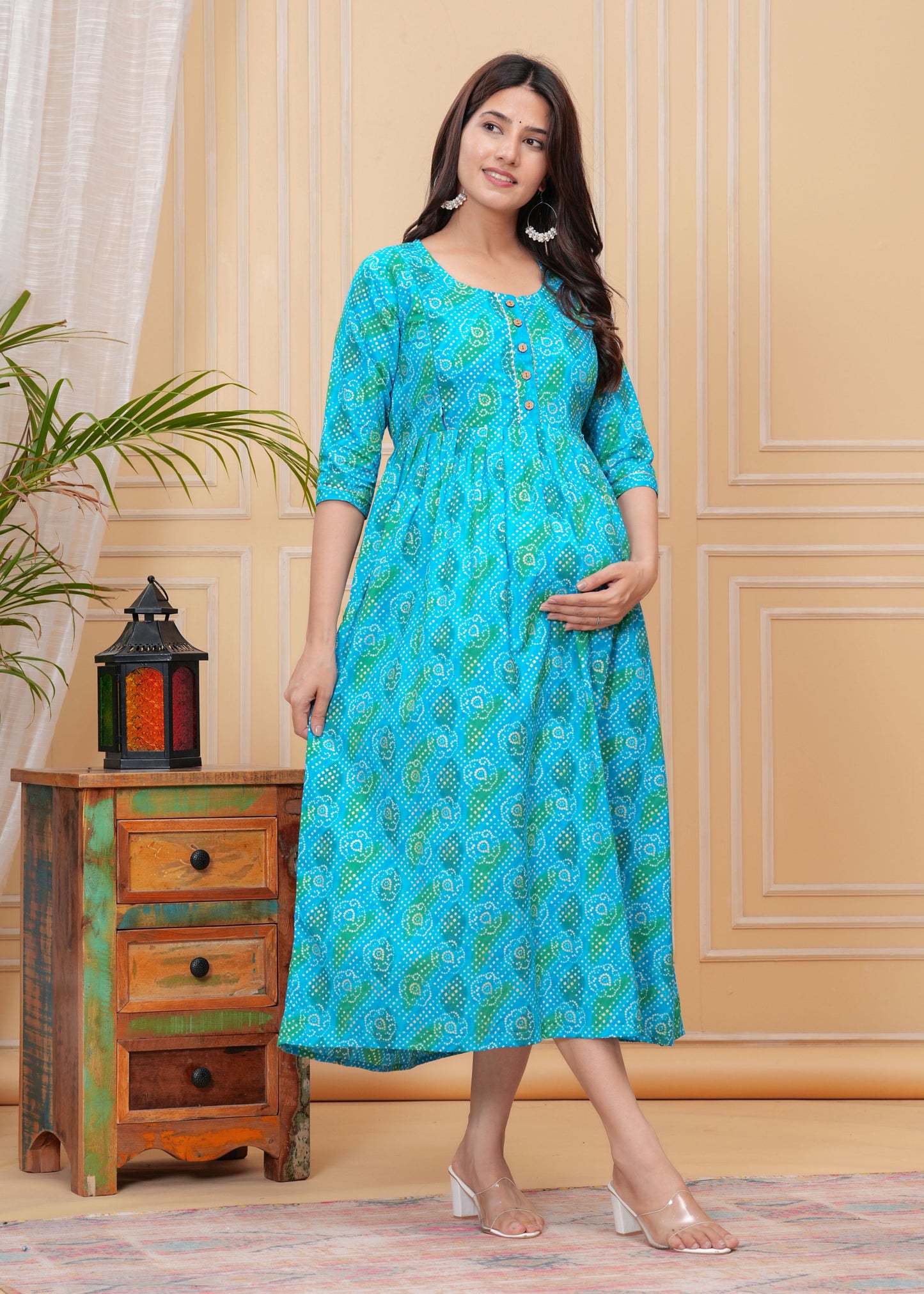 Hima Premium Cotton Anarkali Feeding & Maternity Kurti β 48 Inch Length, 2 Side Zips All-Day Comfort for Moms (Blue)