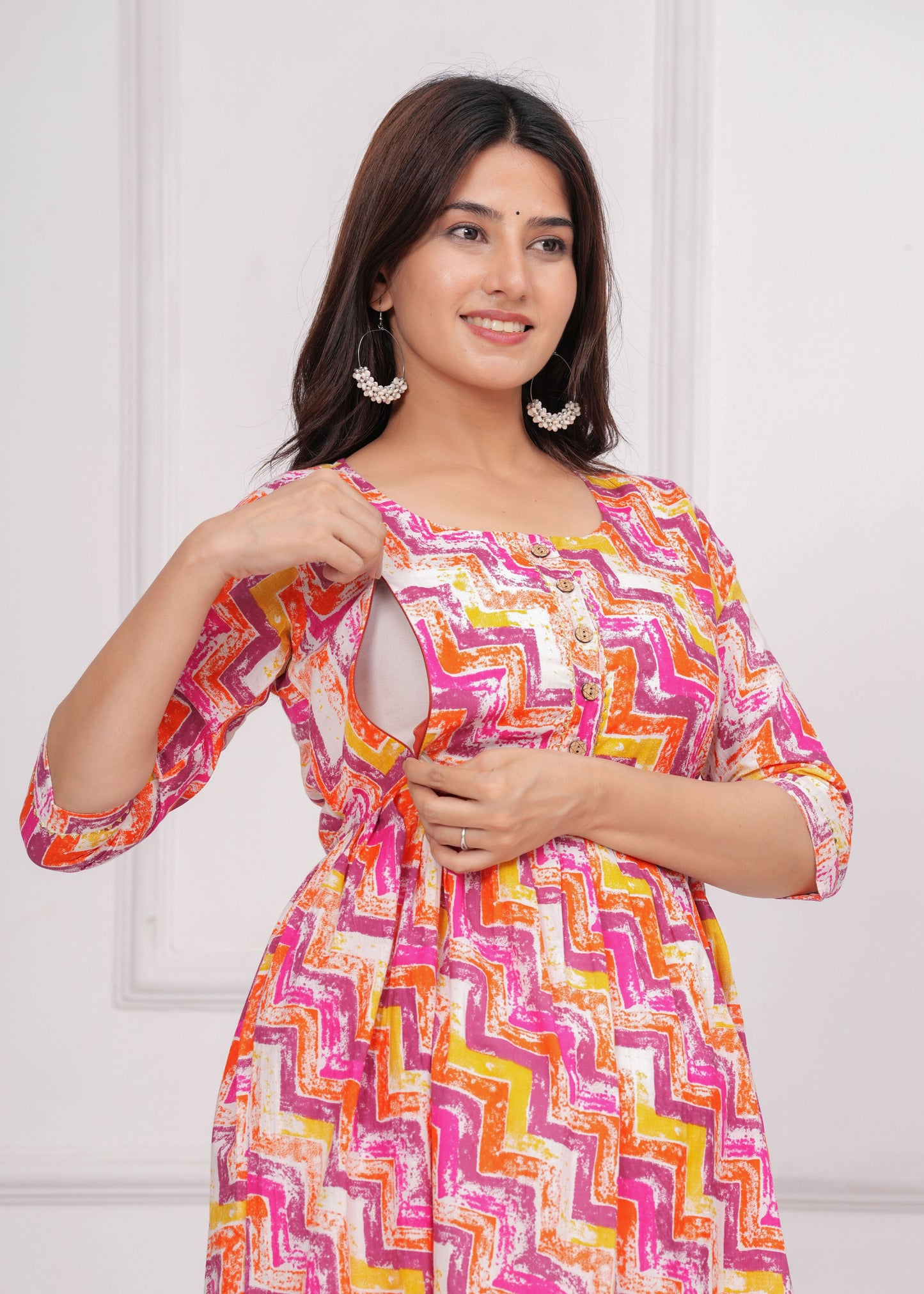 Hima Premium Cotton Anarkali Feeding & Maternity Kurti – 48 Inch Length, 2 Side Zips All-Day Comfort for Moms (White Purple Rose)