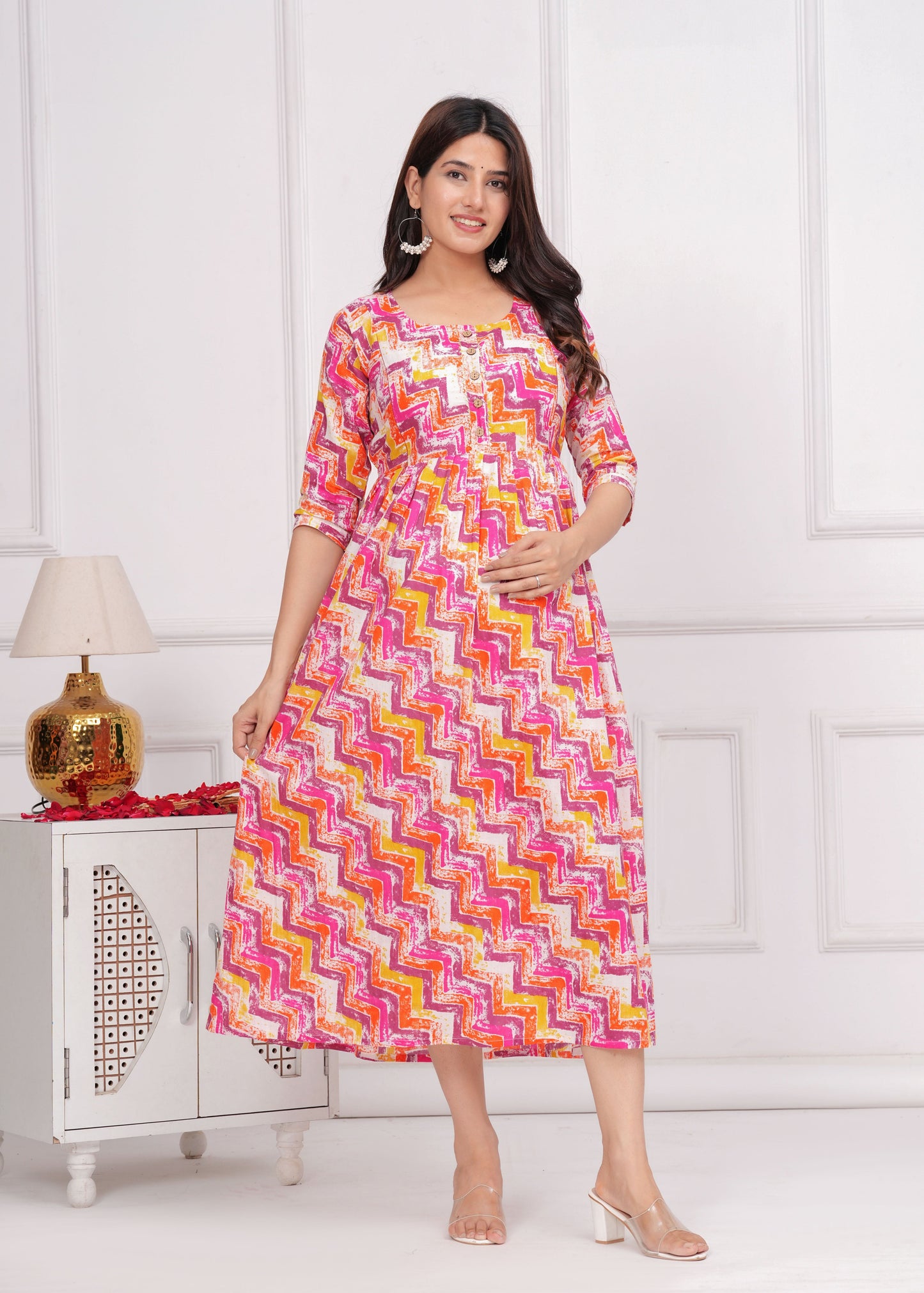 Hima Premium Cotton Anarkali Feeding & Maternity Kurti – 48 Inch Length, 2 Side Zips All-Day Comfort for Moms (White Purple Rose)